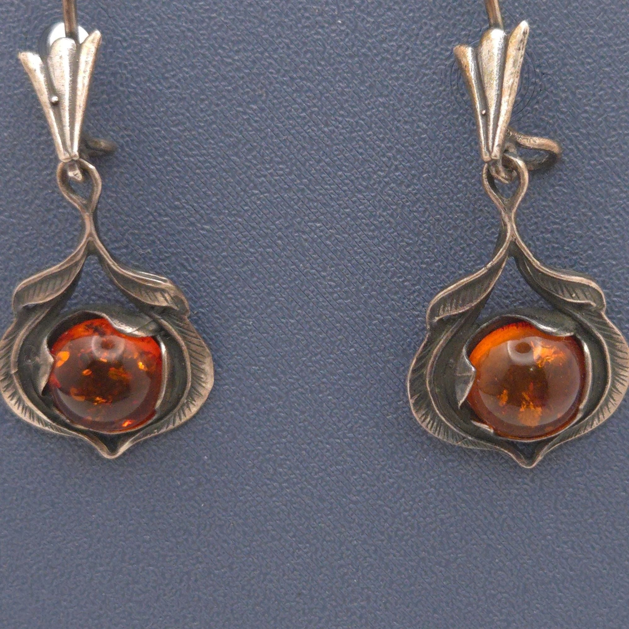 Vintage Sterling Silver & Amber Drop Earrings Floral Feathers Dangle 925 Signed