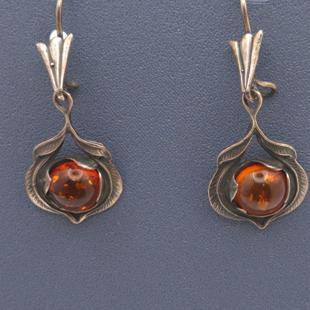 Vintage Sterling Silver & Amber Drop Earrings Floral Feathers Dangle 925 Signed
