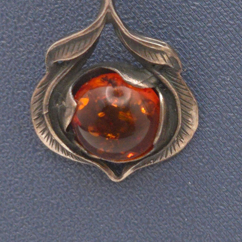 Vintage Sterling Silver & Amber Drop Earrings Floral Feathers Dangle 925 Signed