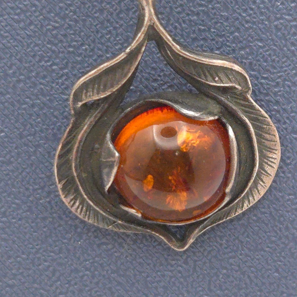 Vintage Sterling Silver & Amber Drop Earrings Floral Feathers Dangle 925 Signed