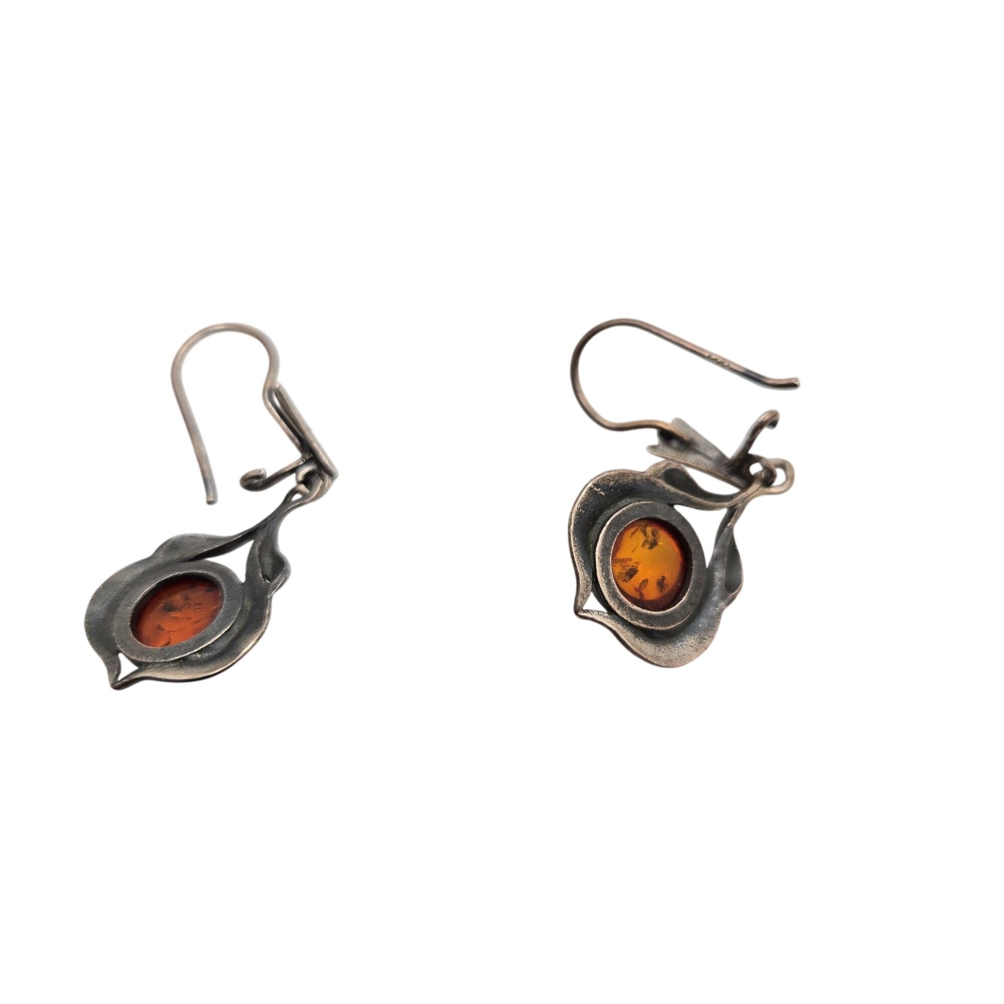 Vintage Sterling Silver & Amber Drop Earrings Floral Feathers Dangle 925 Signed