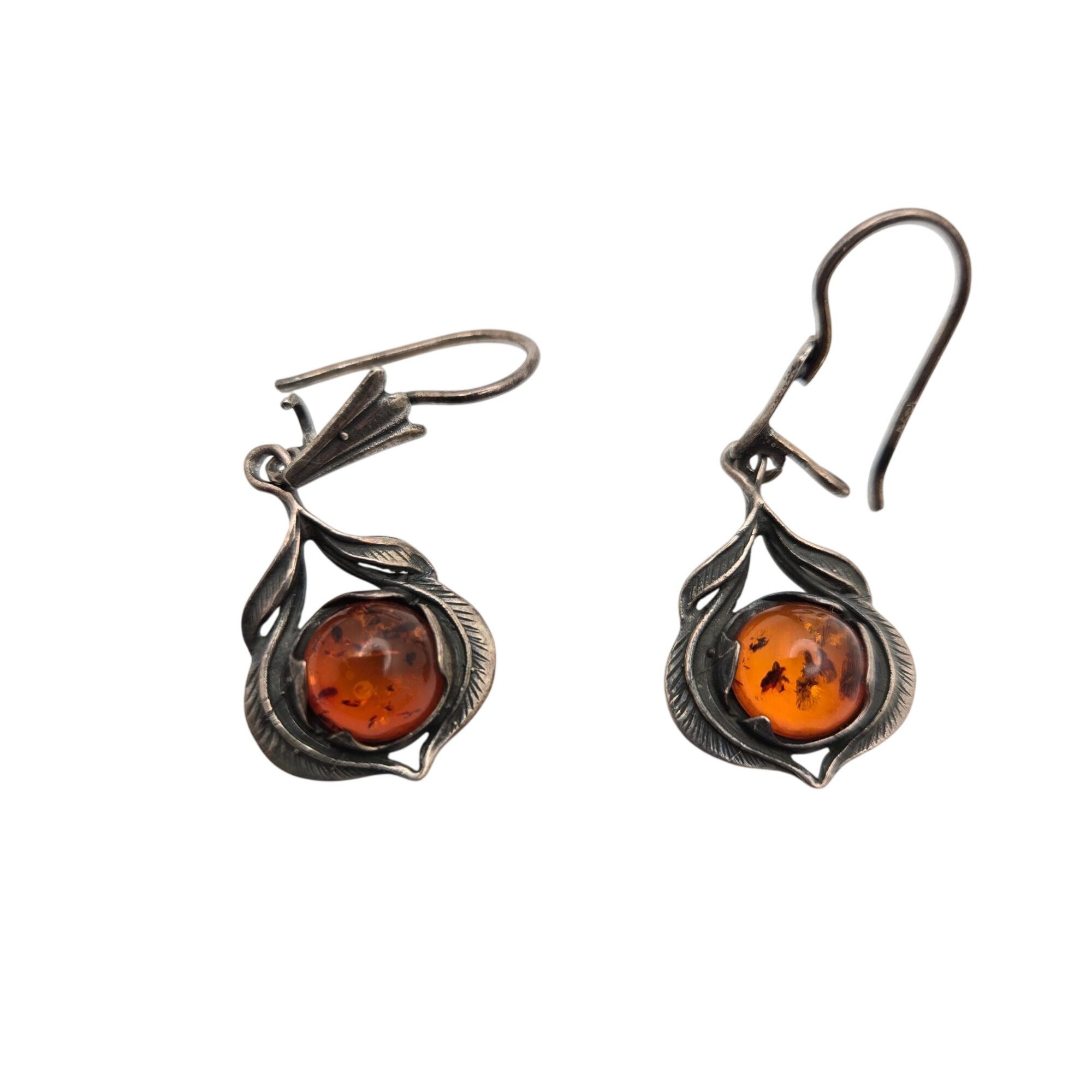 Vintage Sterling Silver & Amber Drop Earrings Floral Feathers Dangle 925 Signed