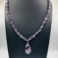 Amethyst Beaded Necklace Purple Gemstone Teardrop Pendant 19" Silver Accents