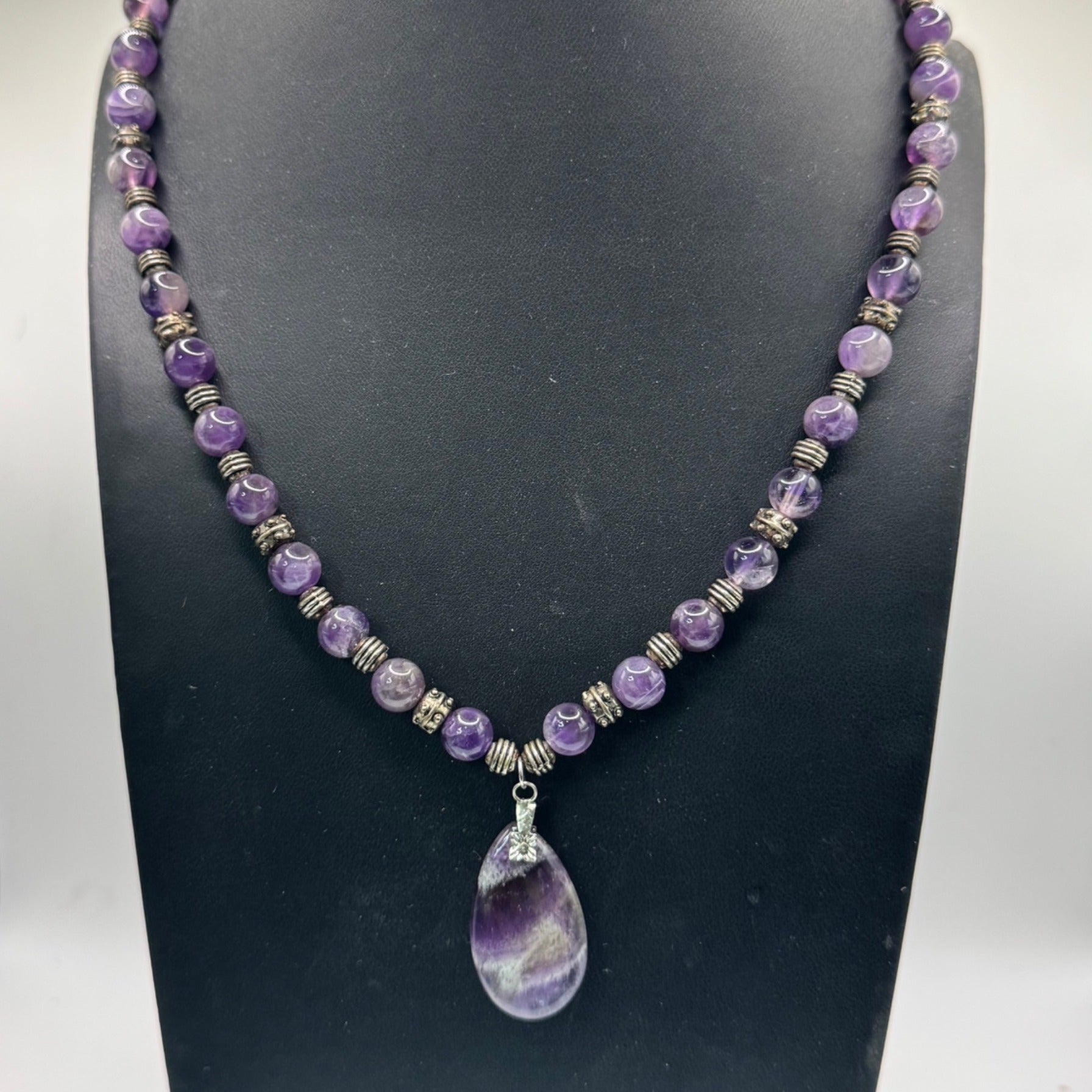 Amethyst Beaded Necklace Purple Gemstone Teardrop Pendant 19" Silver Accents