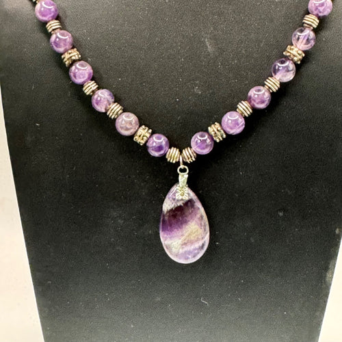 Amethyst Beaded Necklace Purple Gemstone Teardrop Pendant 19" Silver Accents