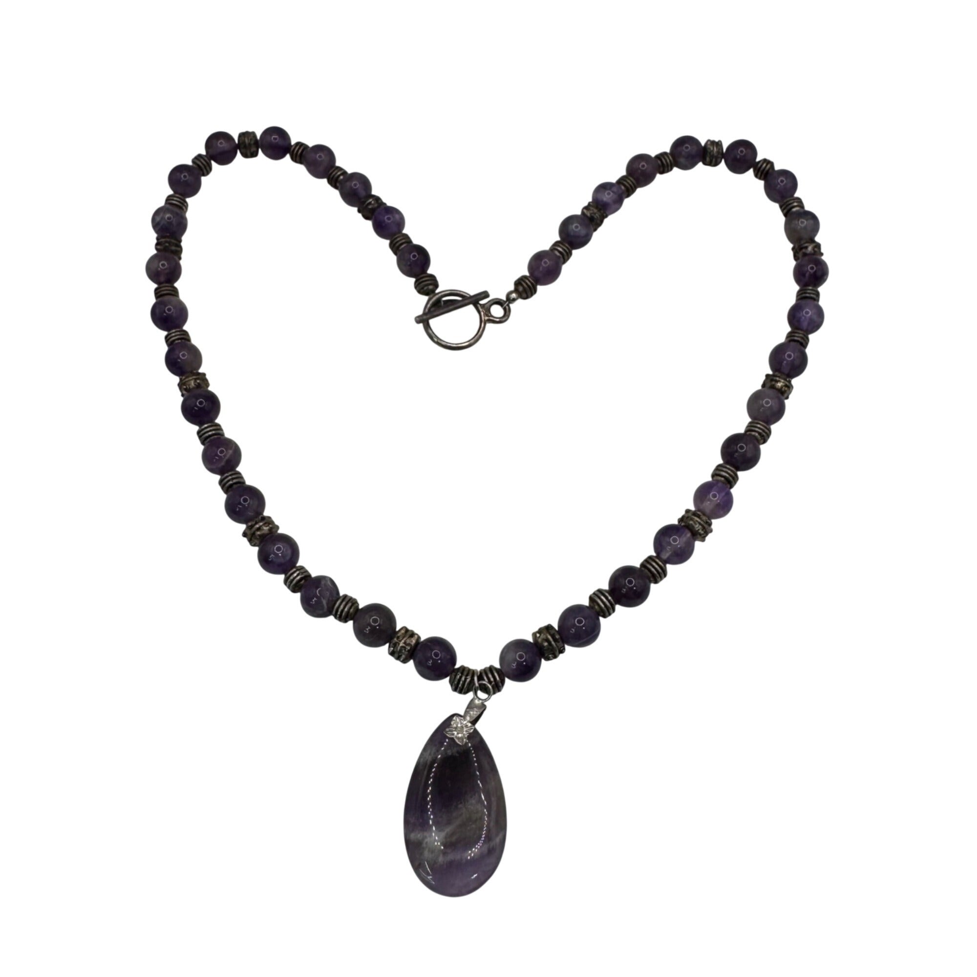 Amethyst Beaded Necklace Purple Gemstone Teardrop Pendant 19" Silver Accents