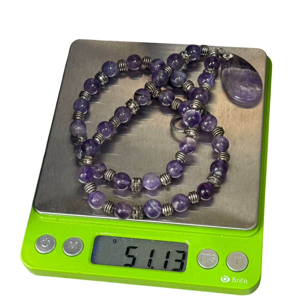 Amethyst Beaded Necklace Purple Gemstone Teardrop Pendant 19" Silver Accents