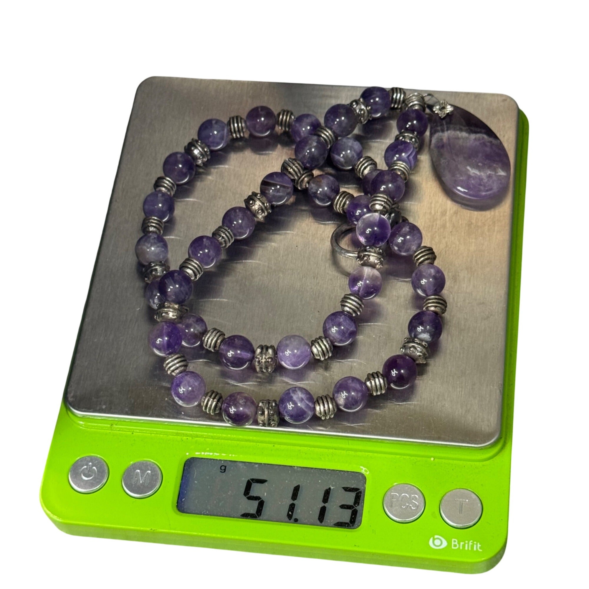 Amethyst Beaded Necklace Purple Gemstone Teardrop Pendant 19" Silver Accents