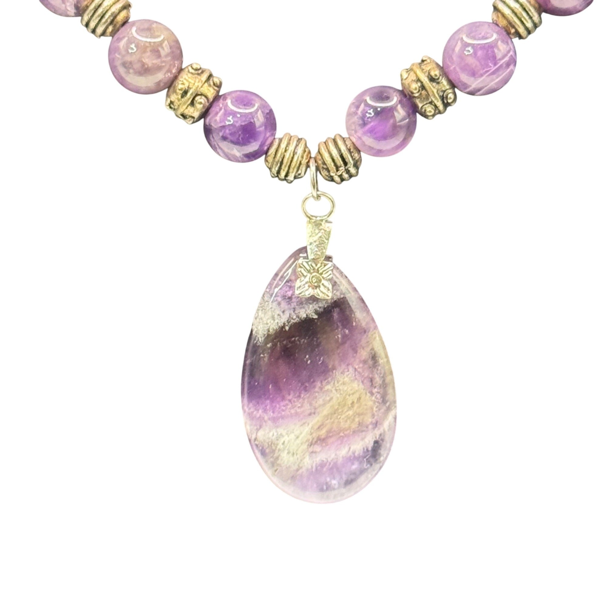 Amethyst Beaded Necklace Purple Gemstone Teardrop Pendant 19" Silver Accents
