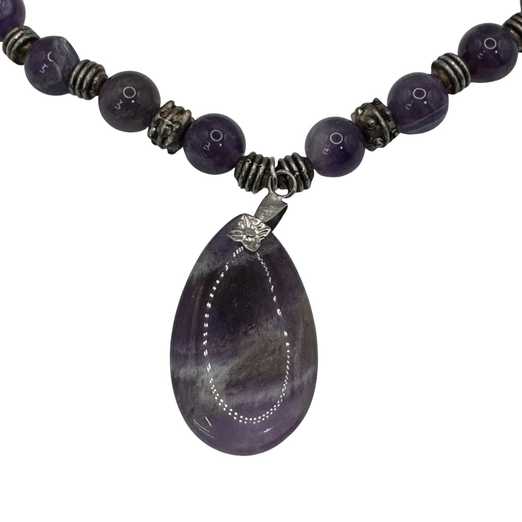 Amethyst Beaded Necklace Purple Gemstone Teardrop Pendant 19" Silver Accents