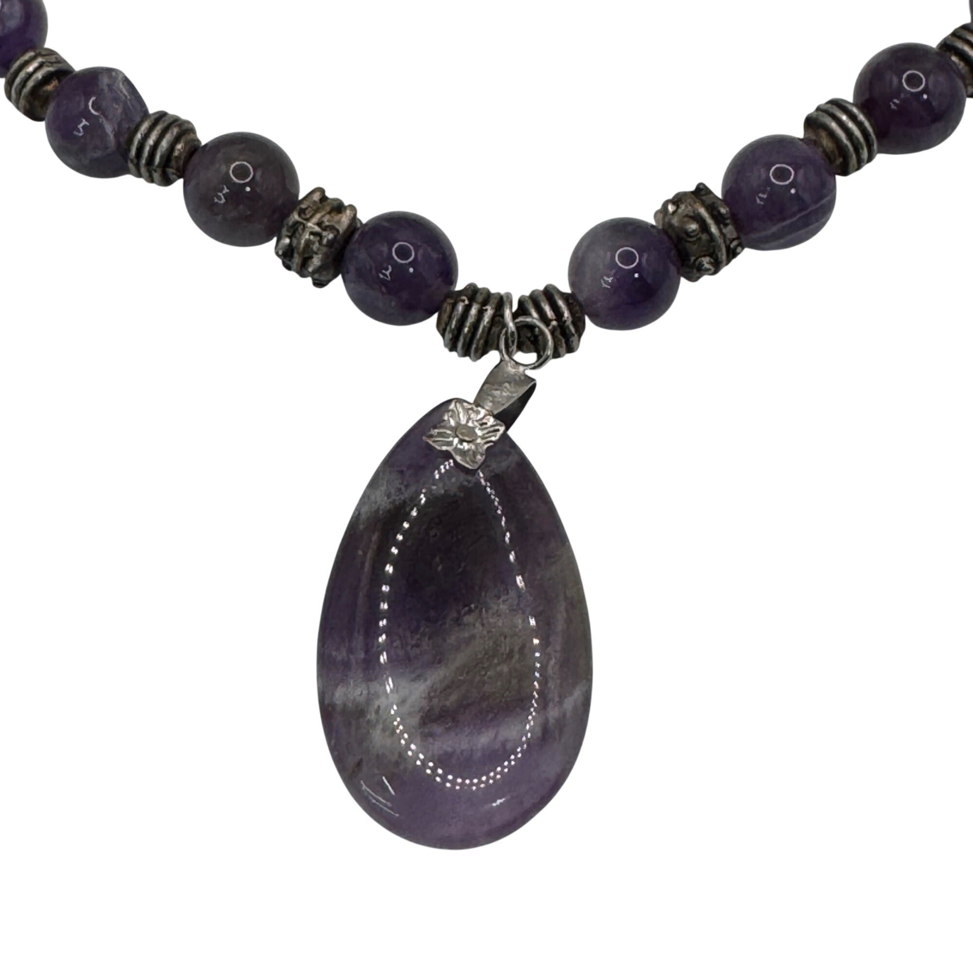Amethyst Beaded Necklace Purple Gemstone Teardrop Pendant 19" Silver Accents