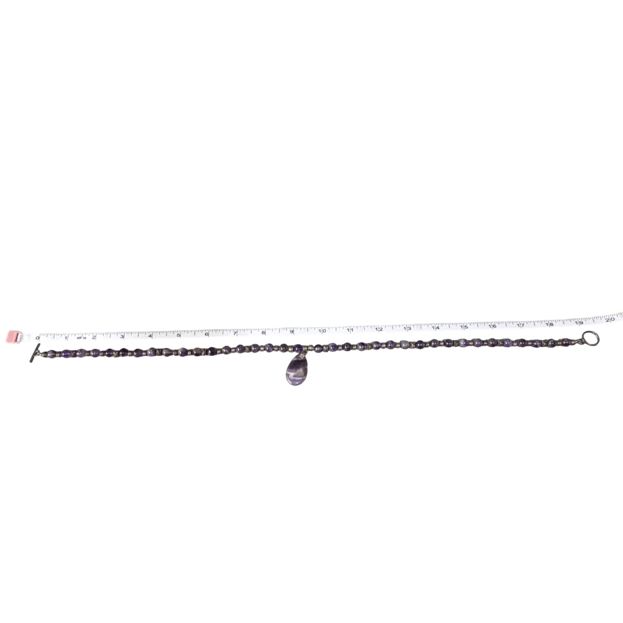 Amethyst Beaded Necklace Purple Gemstone Teardrop Pendant 19" Silver Accents