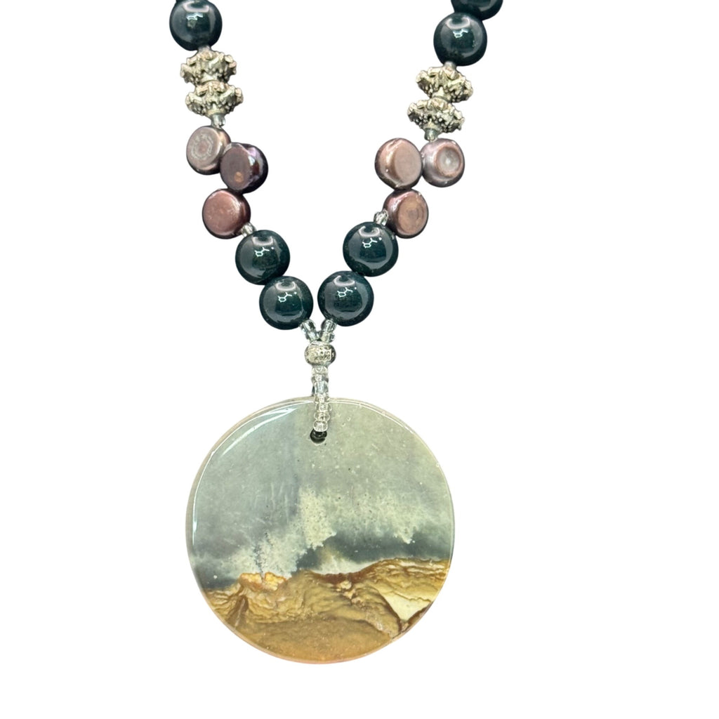 Natural Pearls Statement Picture Jasper Beaded Necklace Sterling Clasp 20" Vtg