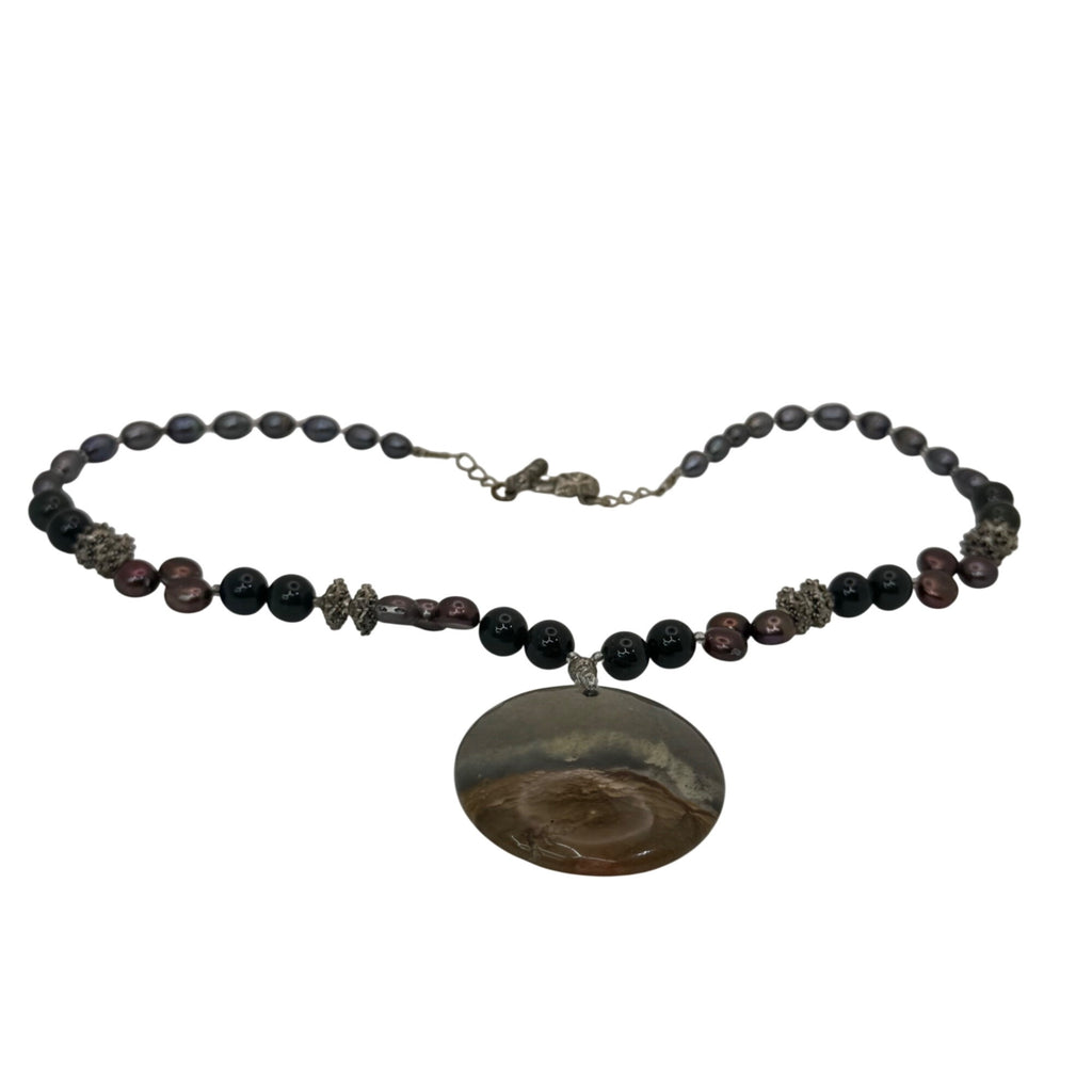 Natural Pearls Statement Picture Jasper Beaded Necklace Sterling Clasp 20" Vtg