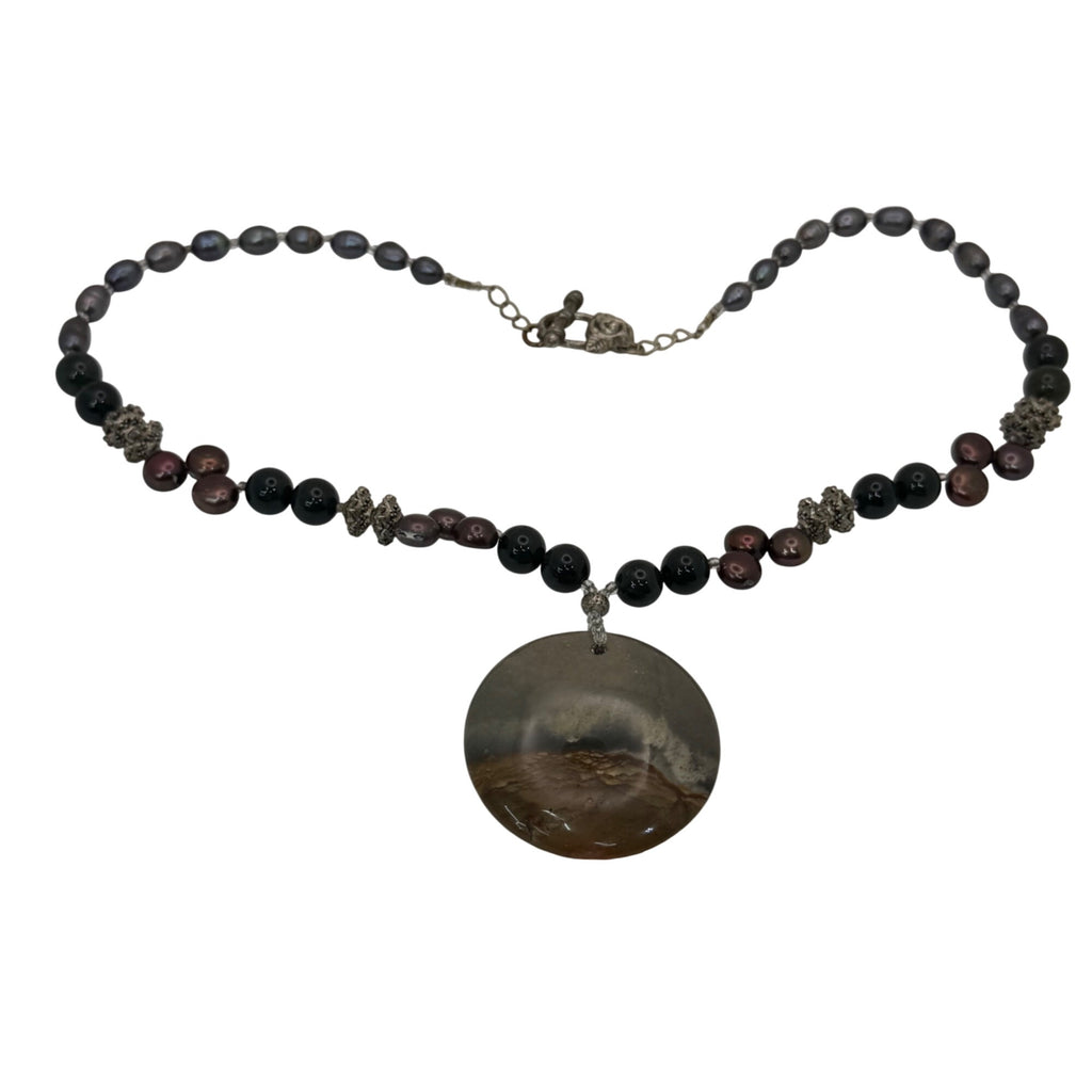 Natural Pearls Statement Picture Jasper Beaded Necklace Sterling Clasp 20" Vtg