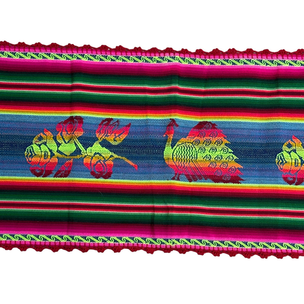 Mexican Table Runner Woven Peacock Rose Design Vibrant Multicolor Stripes 53x13