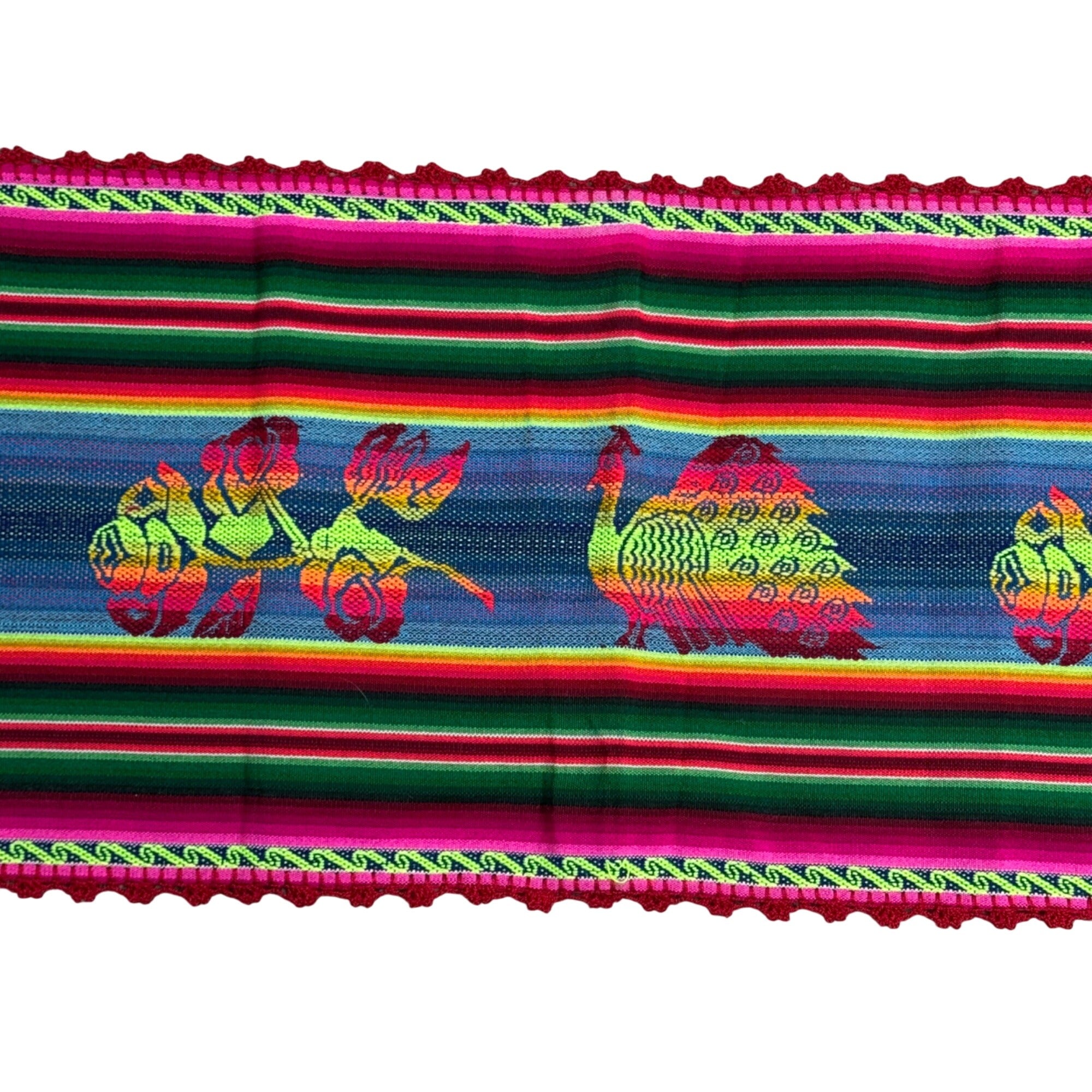 Mexican Table Runner Woven Peacock Rose Design Vibrant Multicolor Stripes 53x13