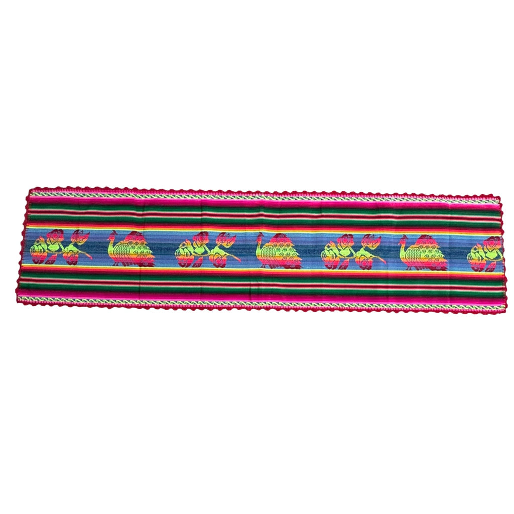 Mexican Table Runner Woven Peacock Rose Design Vibrant Multicolor Stripes 53x13