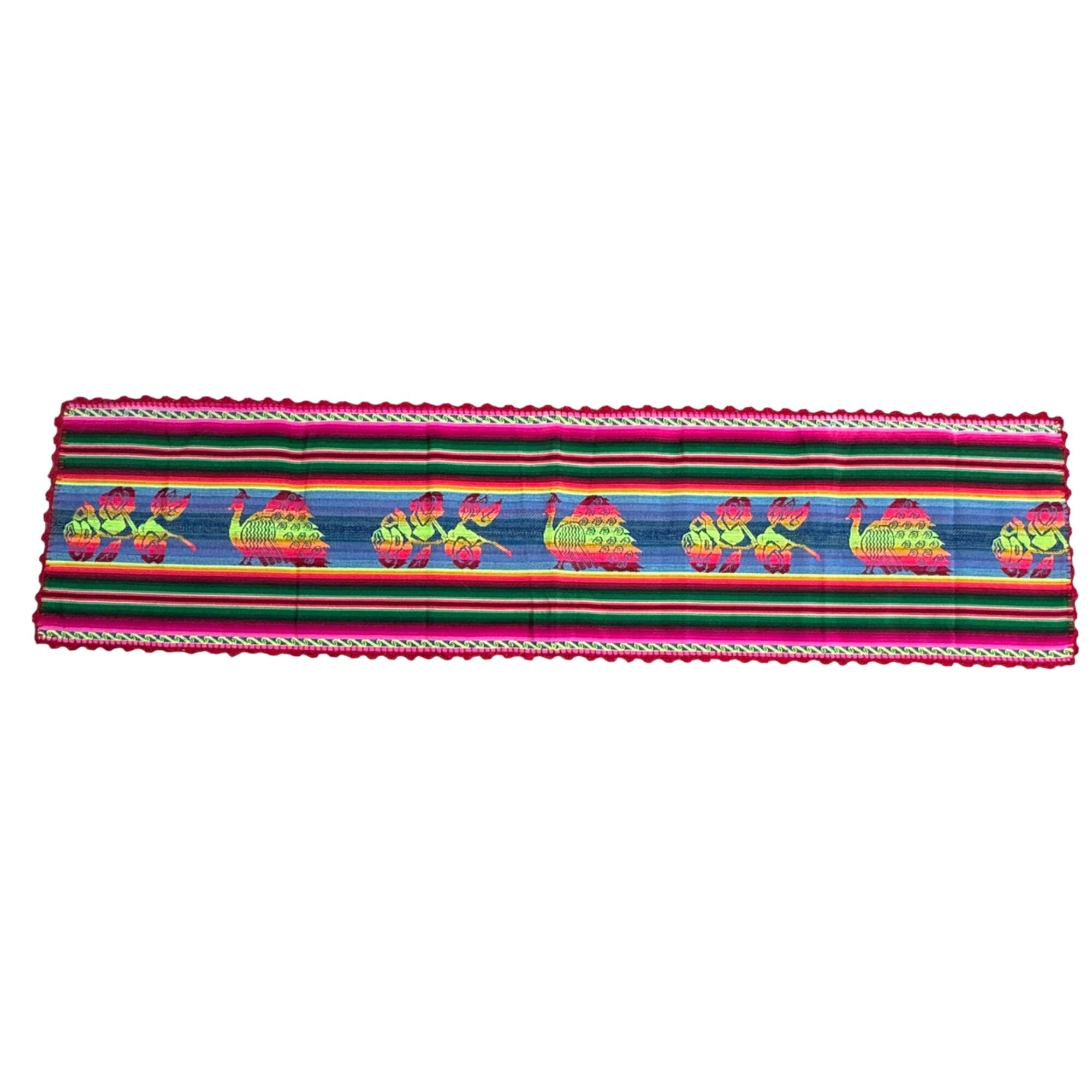 Mexican Table Runner Woven Peacock Rose Design Vibrant Multicolor Stripes 53x13