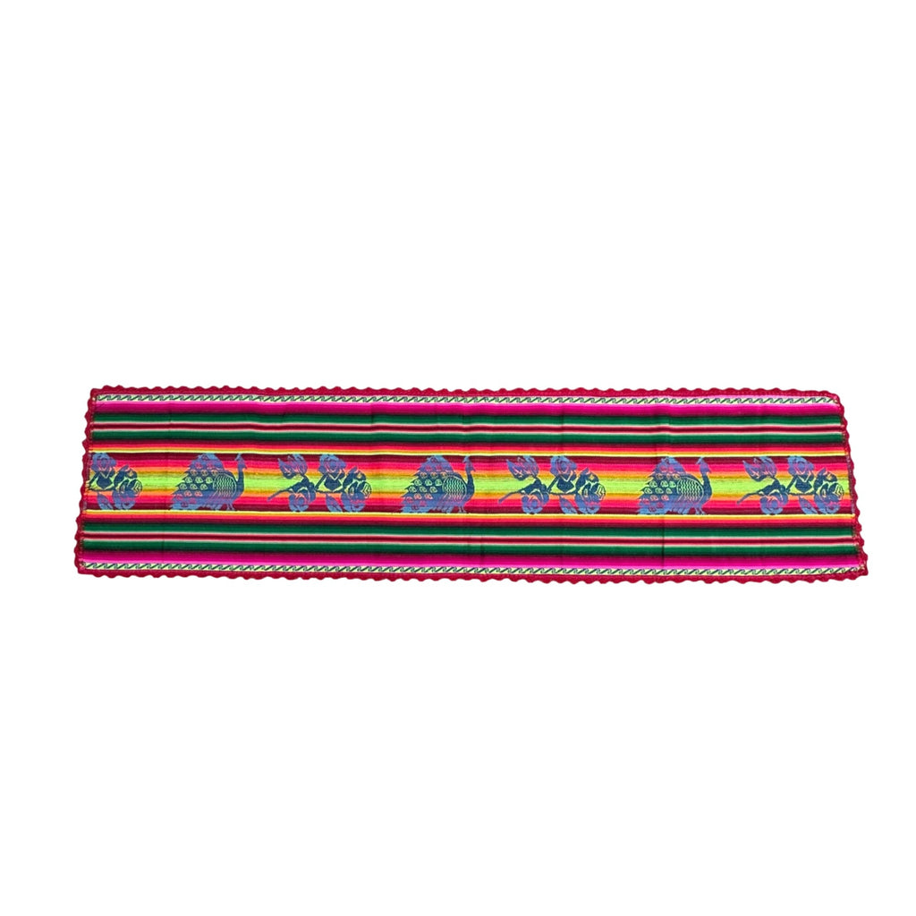 Mexican Table Runner Woven Peacock Rose Design Vibrant Multicolor Stripes 53x13