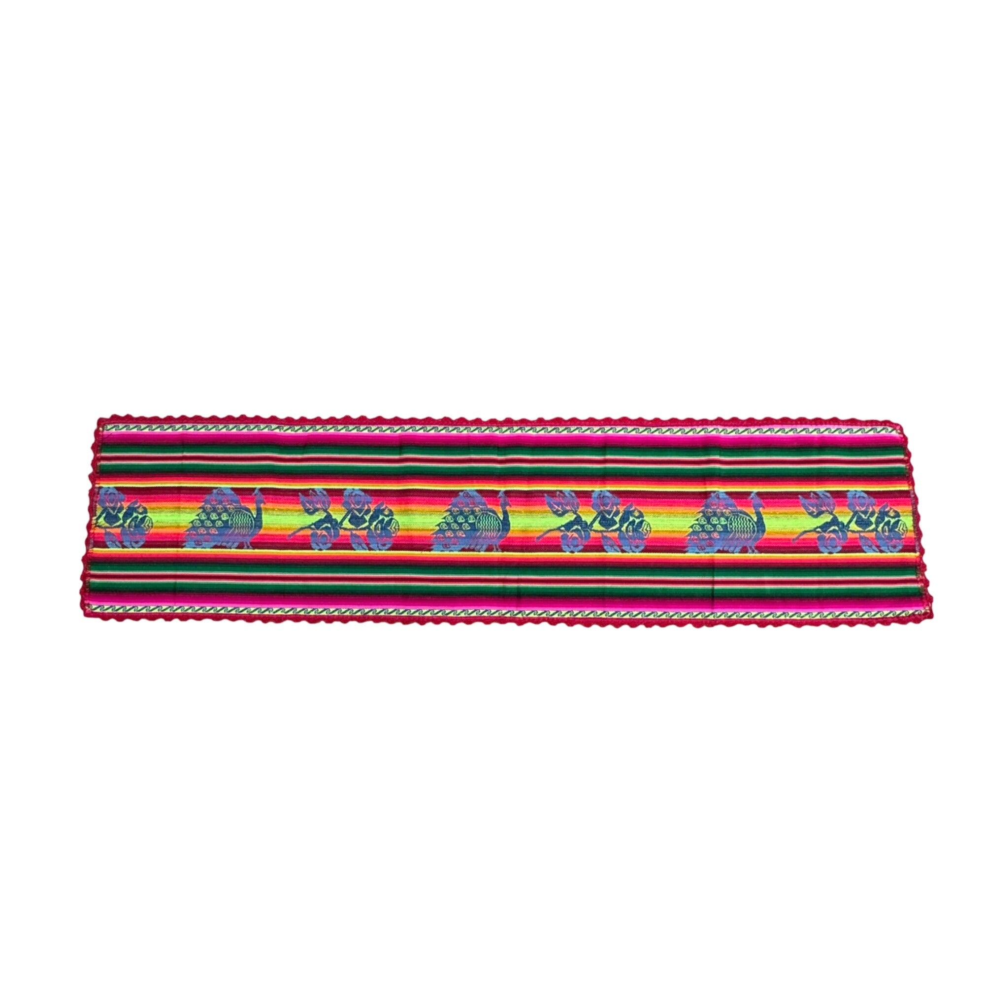 Mexican Table Runner Woven Peacock Rose Design Vibrant Multicolor Stripes 53x13