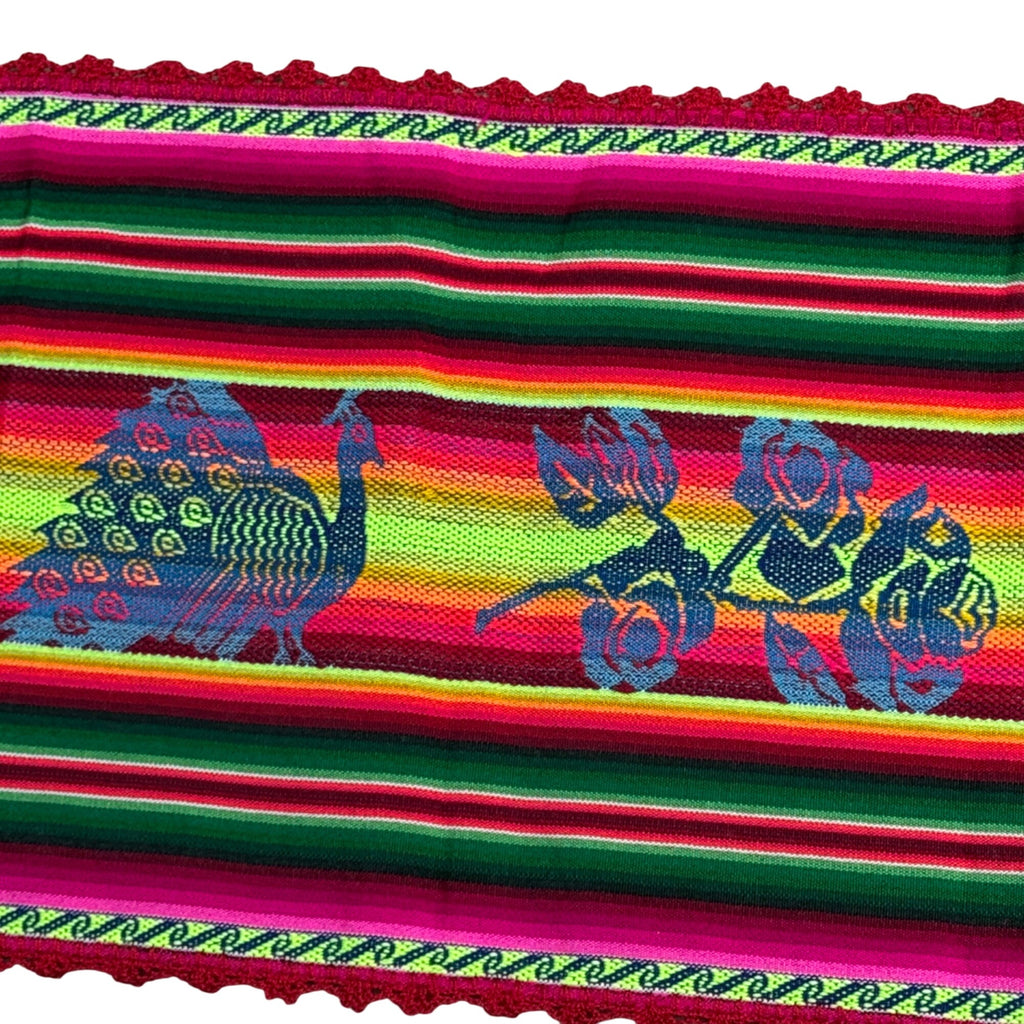 Mexican Table Runner Woven Peacock Rose Design Vibrant Multicolor Stripes 53x13