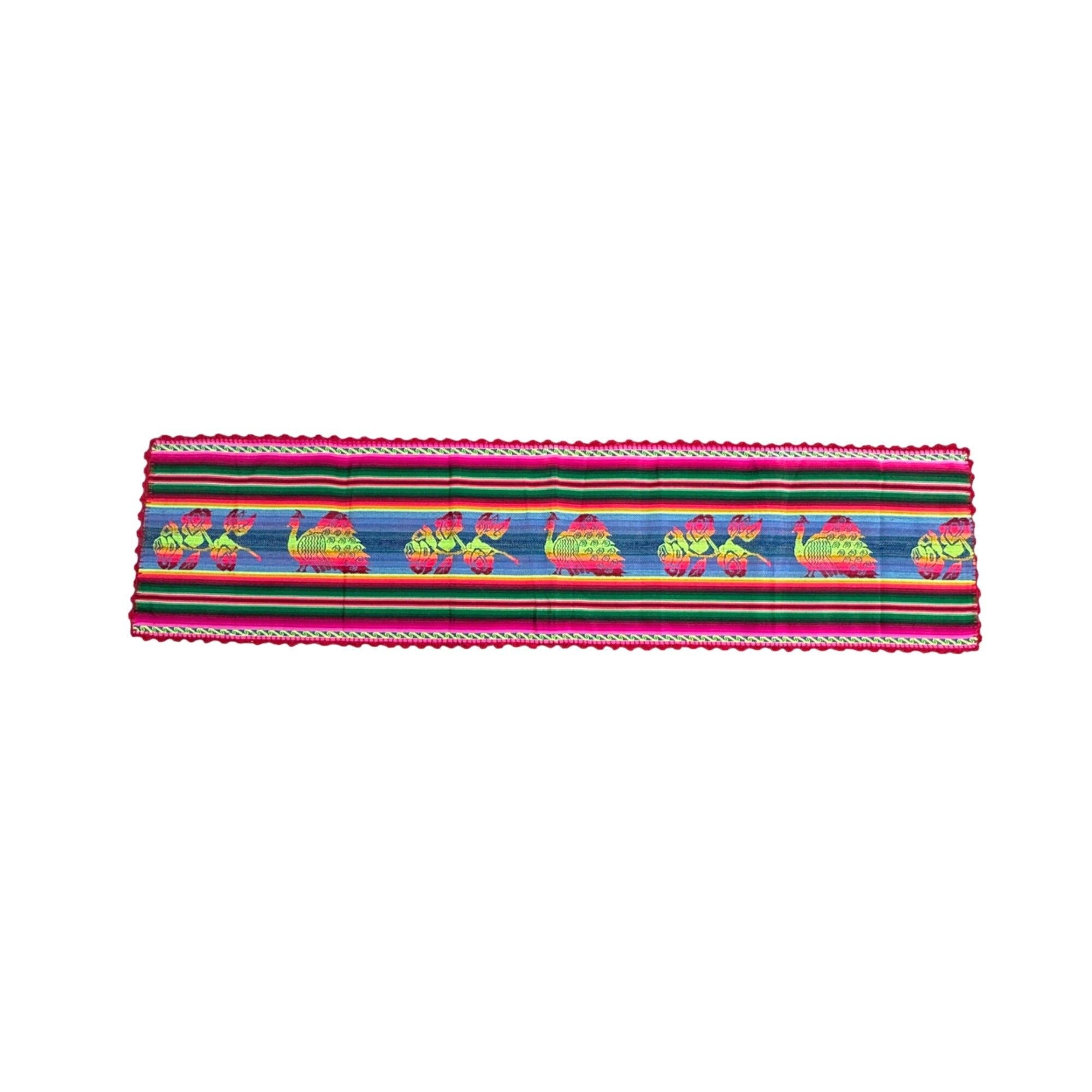 Mexican Table Runner Woven Peacock Rose Design Vibrant Multicolor Stripes 53x13