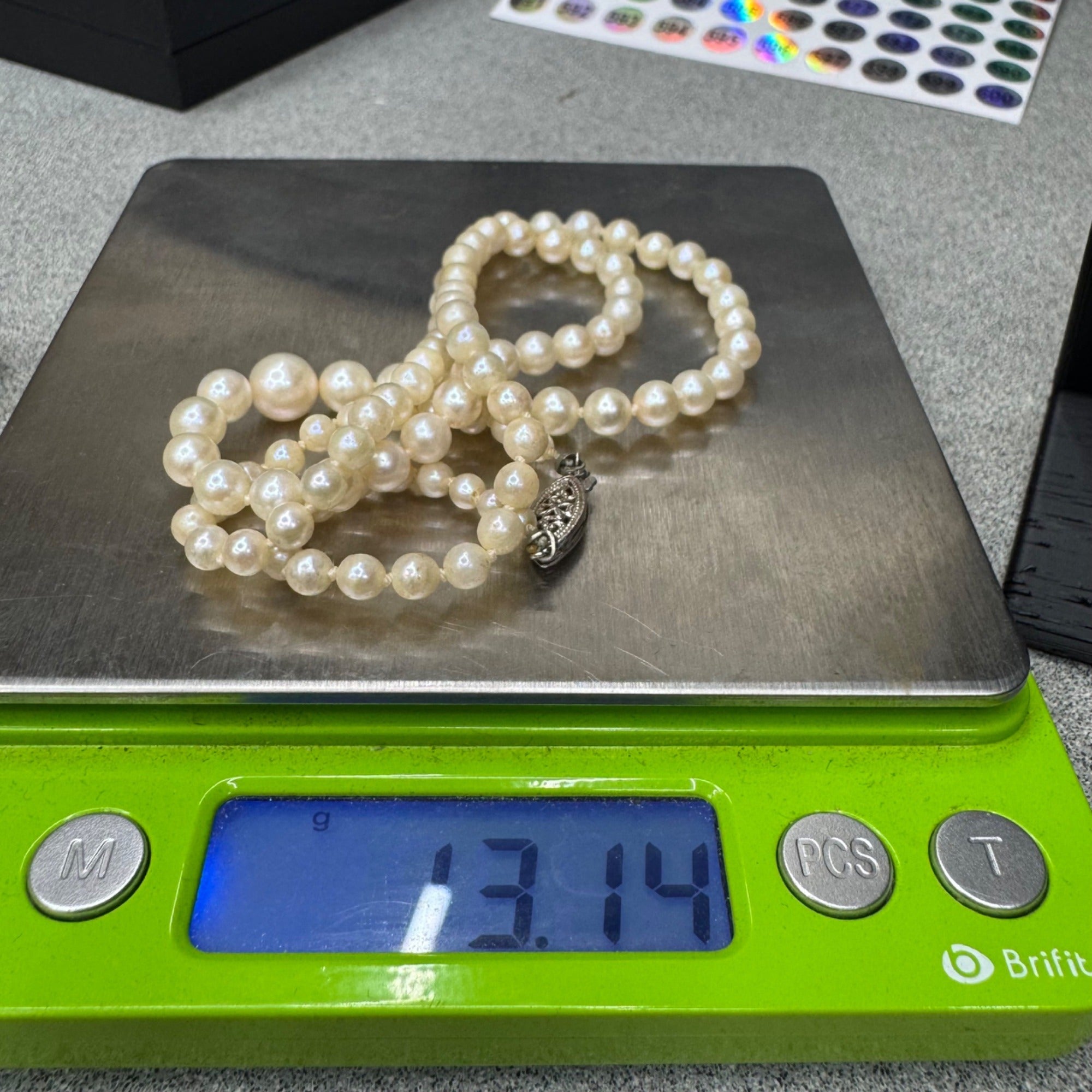 14K White Gold White Akoya Pearl Strand push Lock Clasp Necklace 18" Vintage