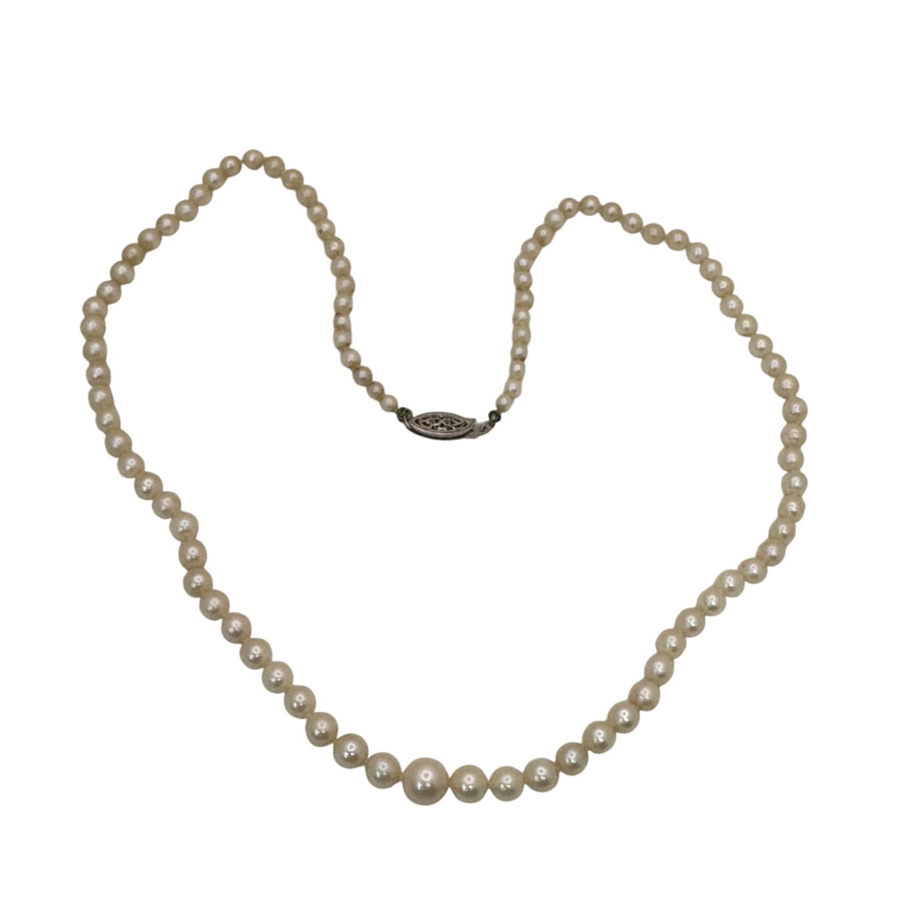 14K White Gold White Akoya Pearl Strand push Lock Clasp Necklace 18" Vintage