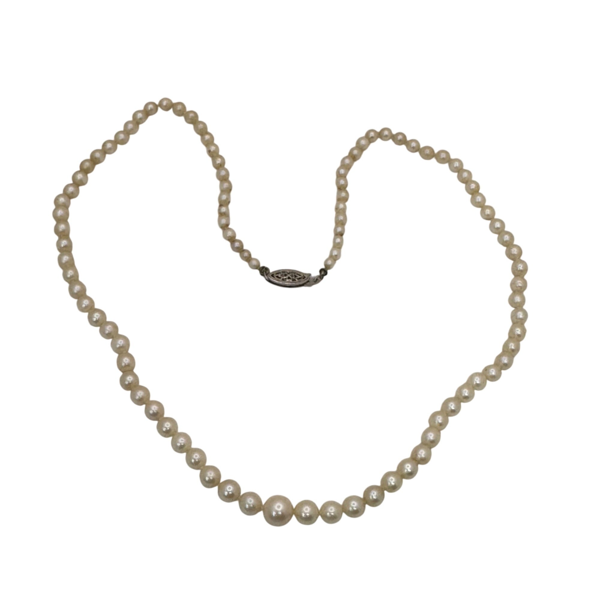 14K White Gold White Akoya Pearl Strand push Lock Clasp Necklace 18" Vintage