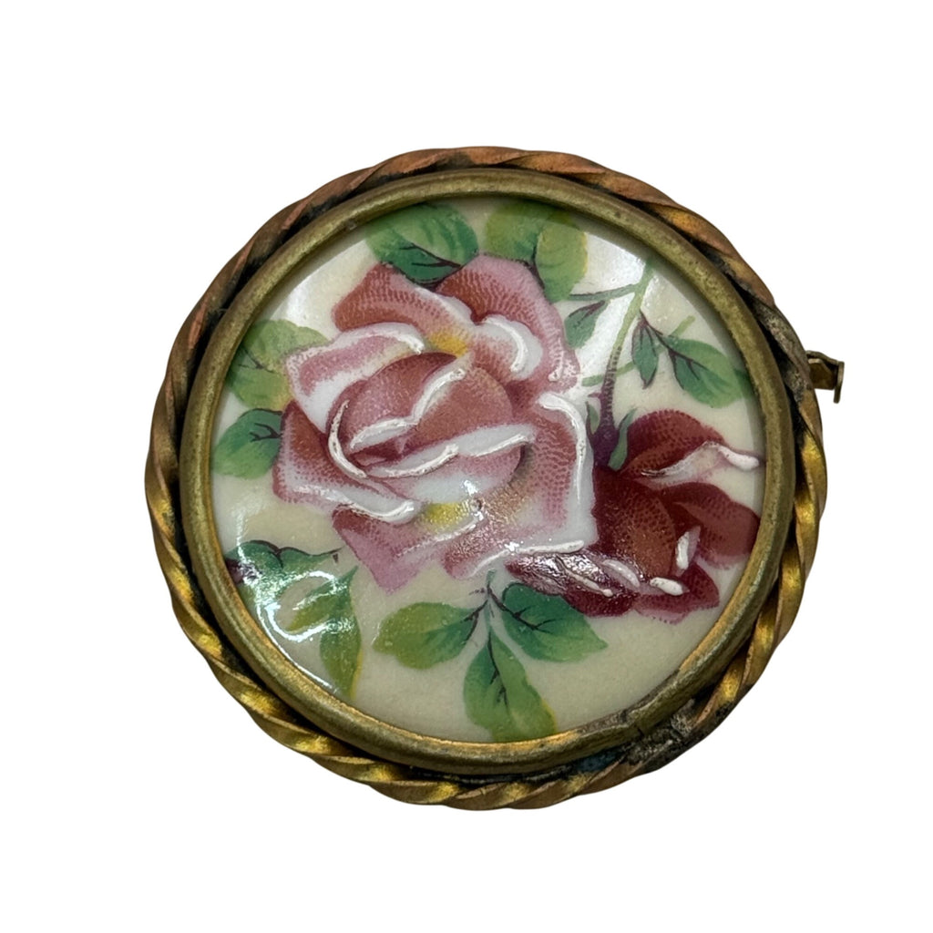 Limoges Porcelain Rose Brooch Vintage 40s France Hand Painted Floral Signed