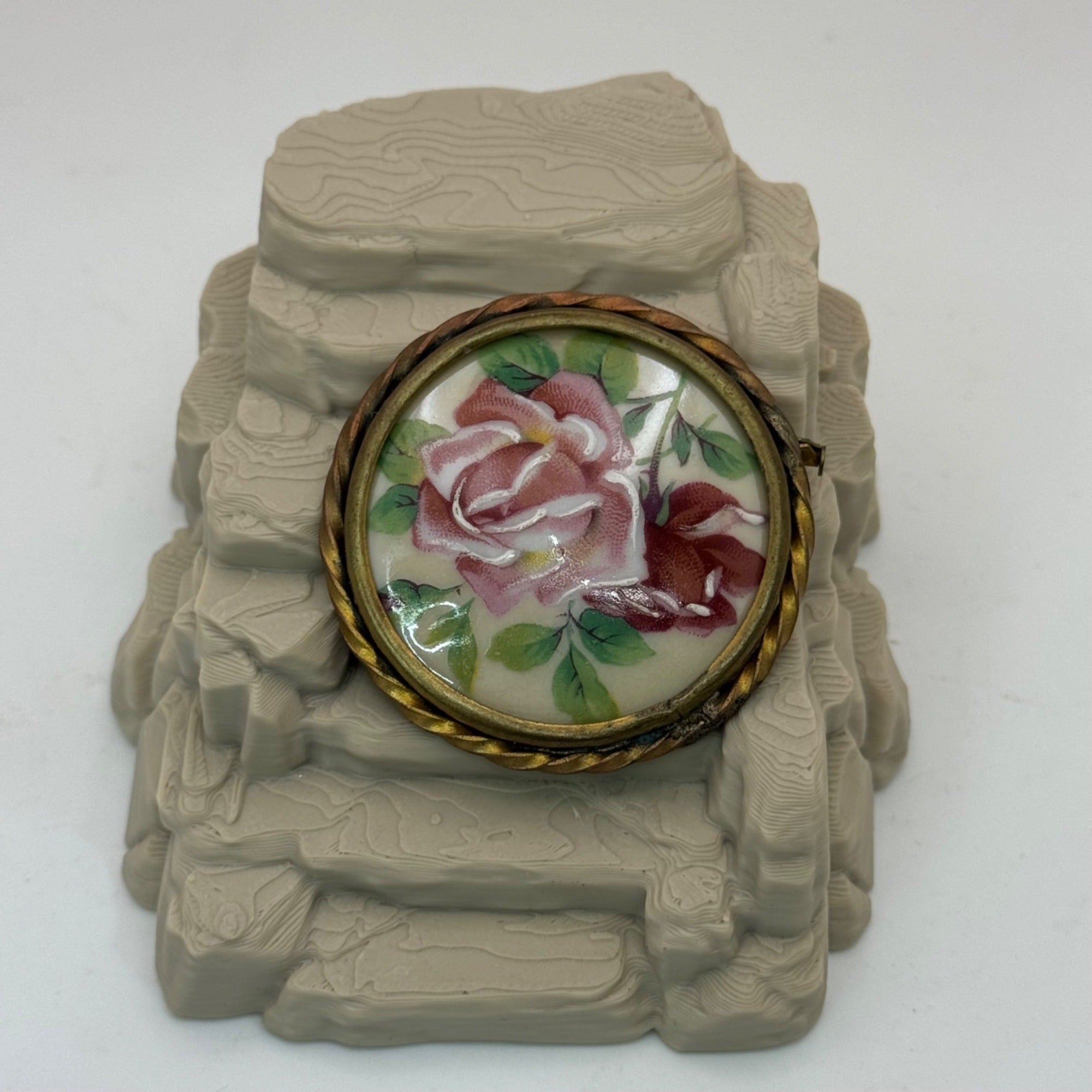 Limoges Porcelain Rose Brooch Vintage 40s France Hand Painted Floral Signed
