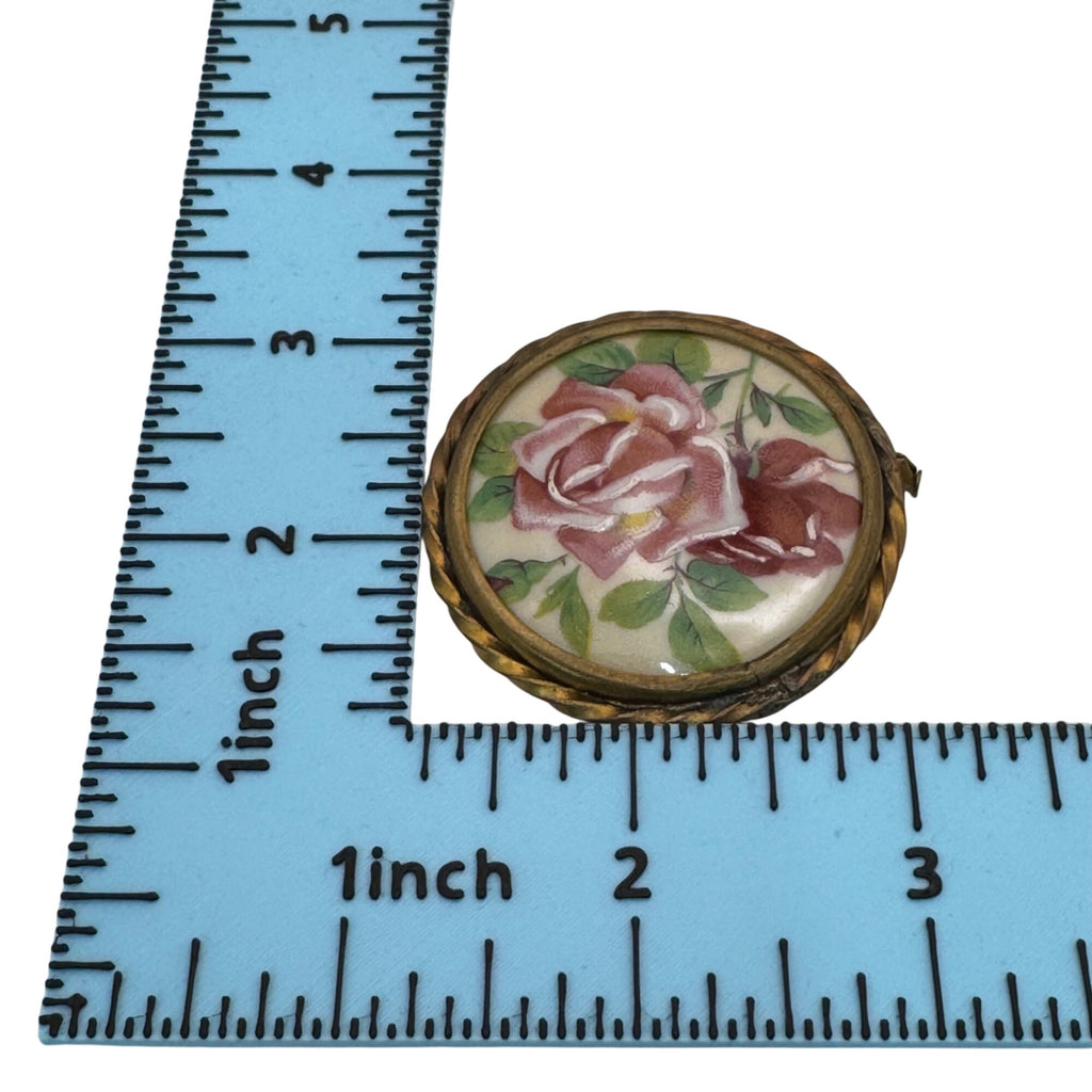 Limoges Porcelain Rose Brooch Vintage 40s France Hand Painted Floral Signed