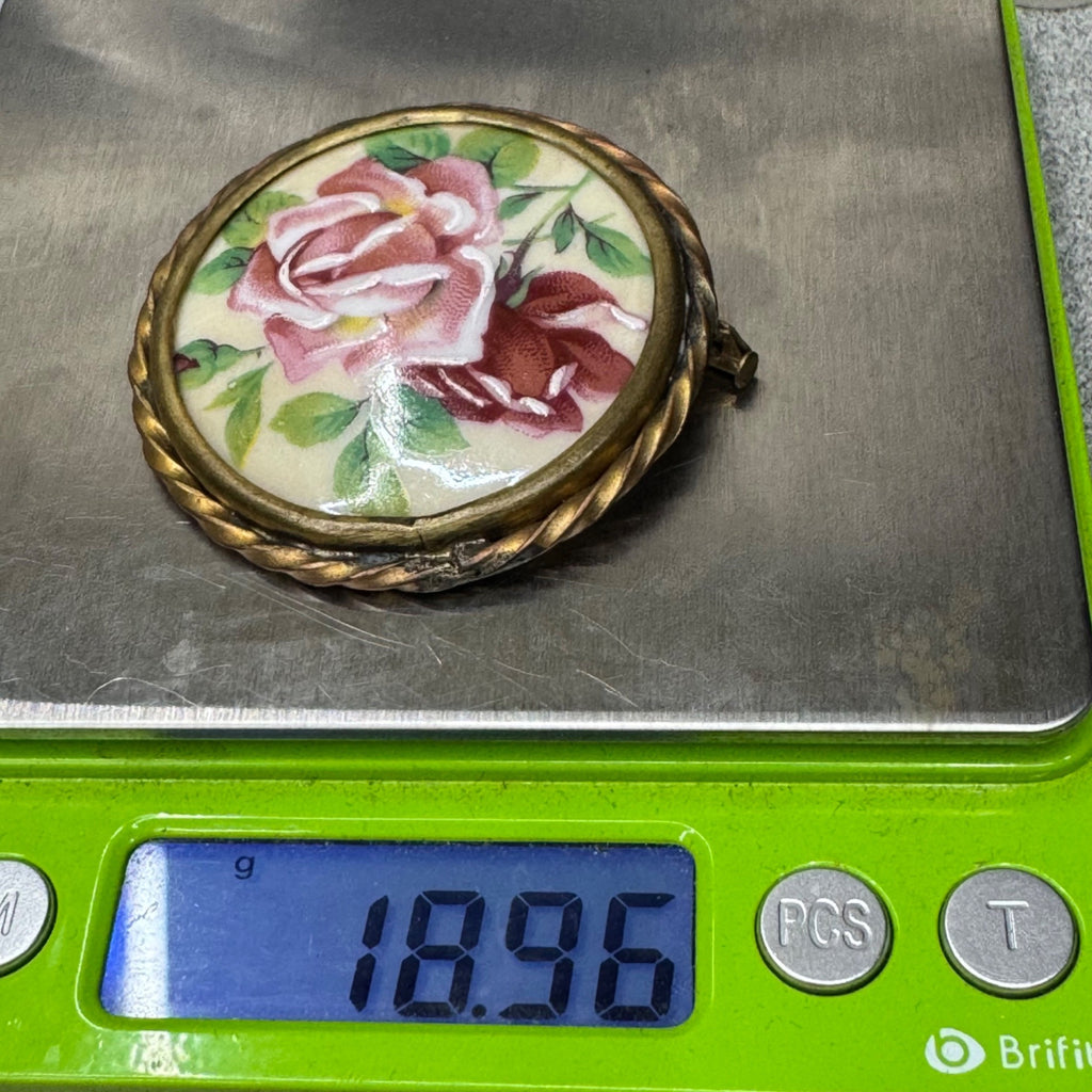 Limoges Porcelain Rose Brooch Vintage 40s France Hand Painted Floral Signed