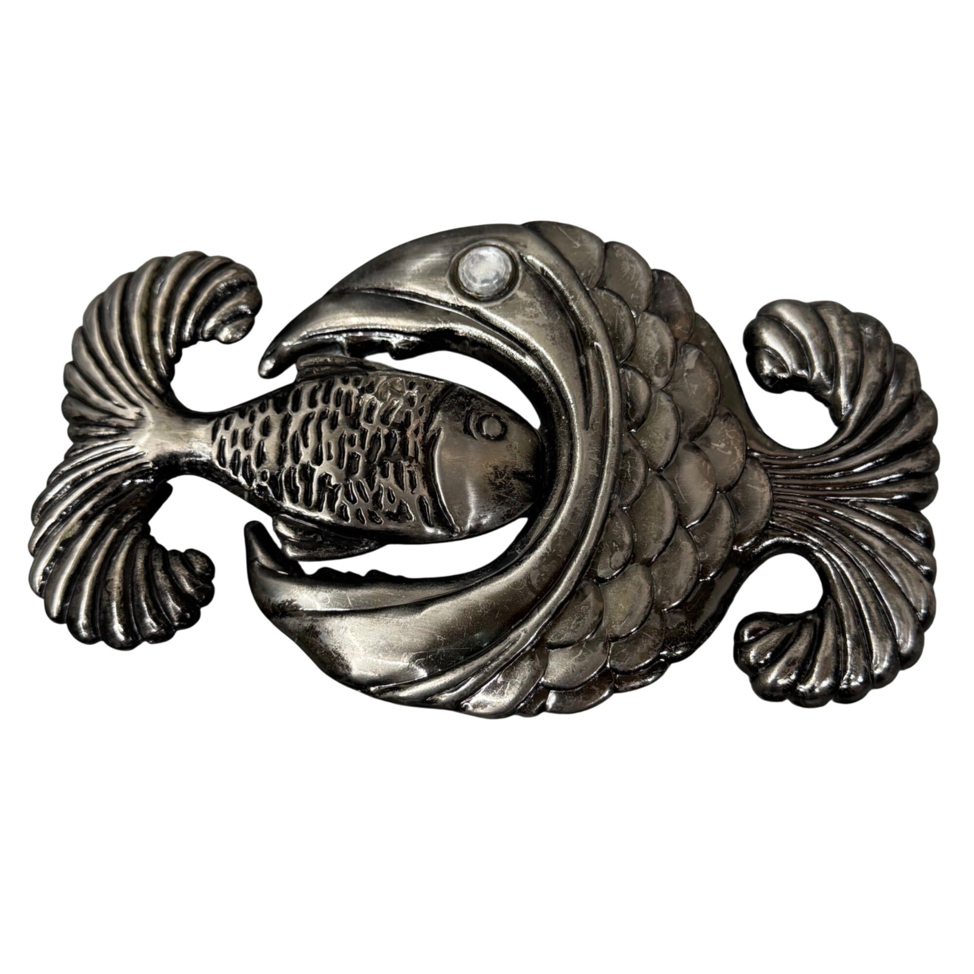 Vintage Fish Eat Fish Metal Belt Buckle 4" x 2.5" Unique Statement Kitchy Boho