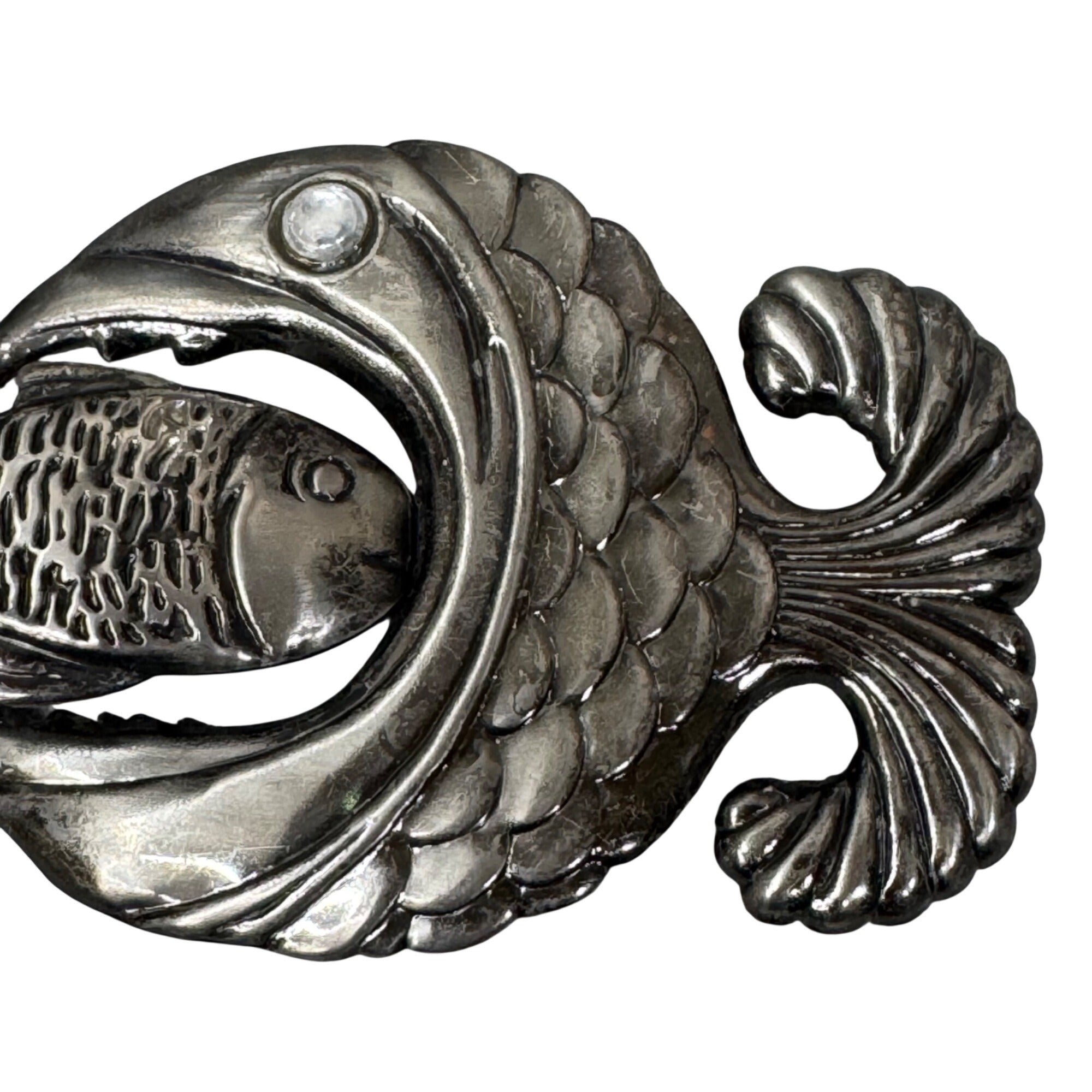 Vintage Fish Eat Fish Metal Belt Buckle 4" x 2.5" Unique Statement Kitchy Boho