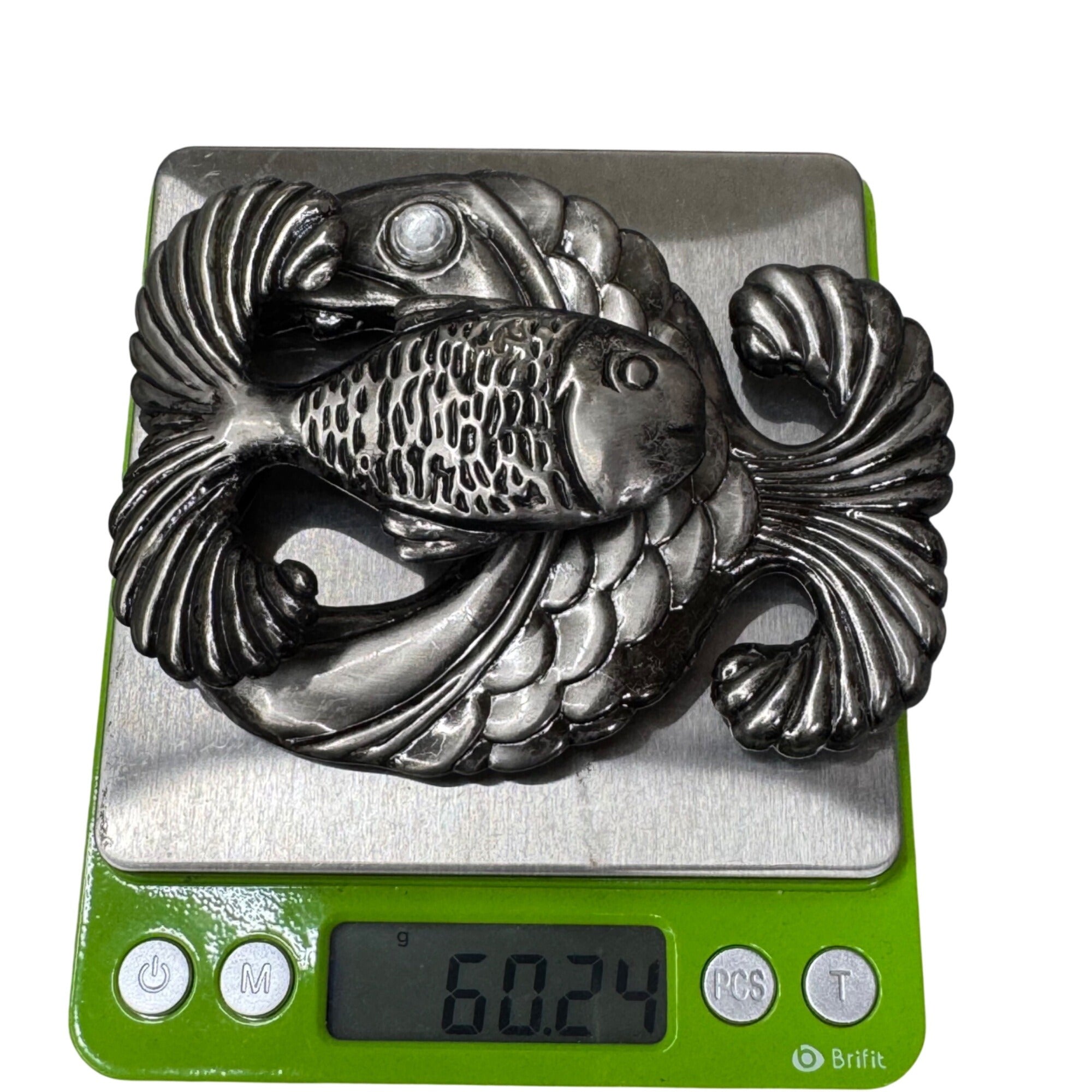 Vintage Fish Eat Fish Metal Belt Buckle 4" x 2.5" Unique Statement Kitchy Boho