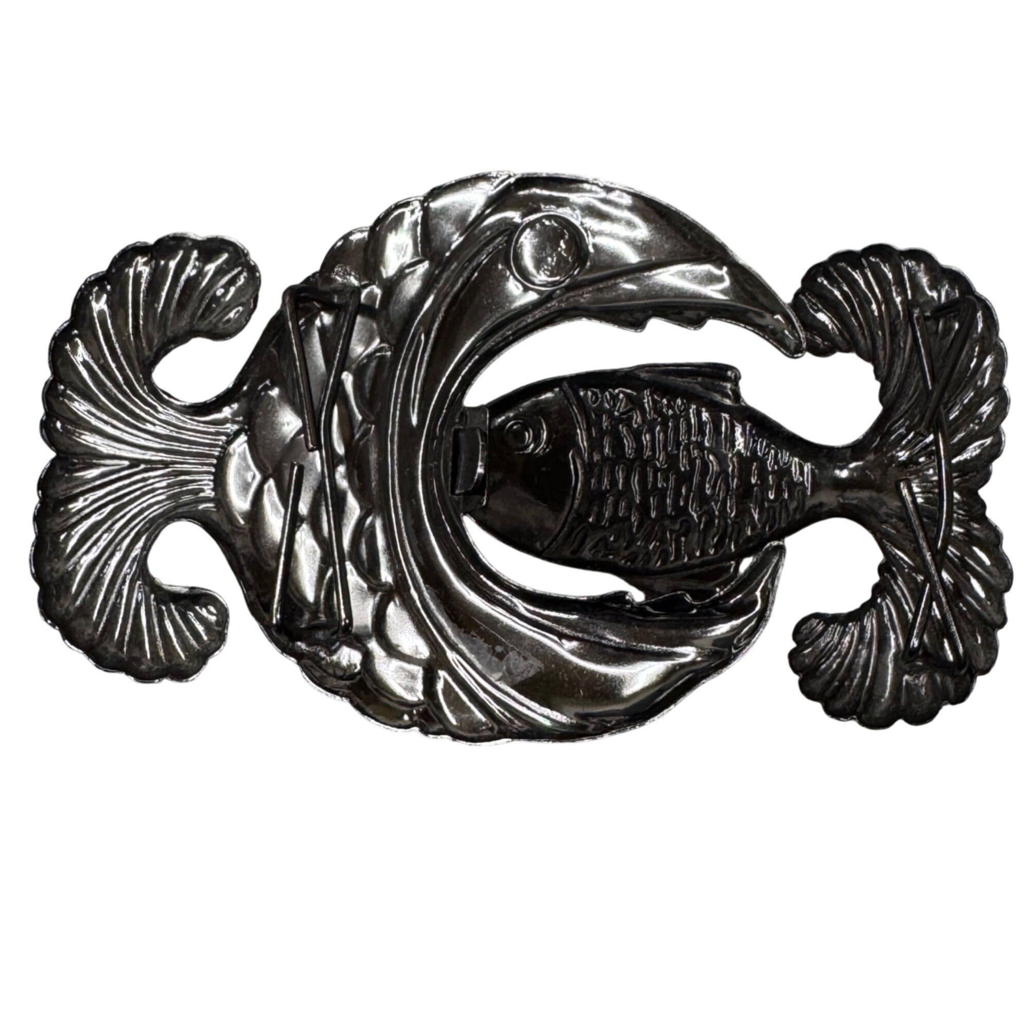 Vintage Fish Eat Fish Metal Belt Buckle 4" x 2.5" Unique Statement Kitchy Boho