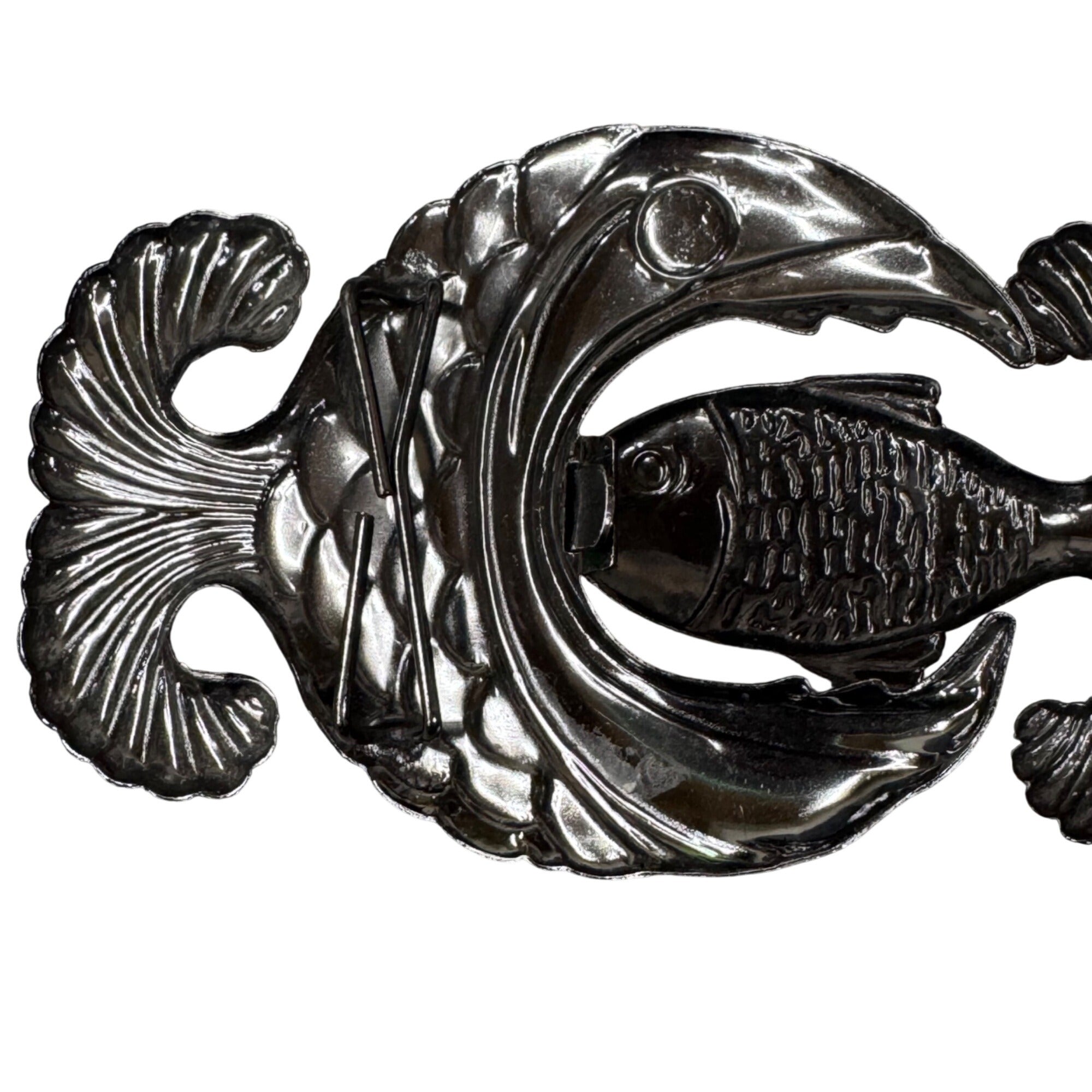 Vintage Fish Eat Fish Metal Belt Buckle 4" x 2.5" Unique Statement Kitchy Boho