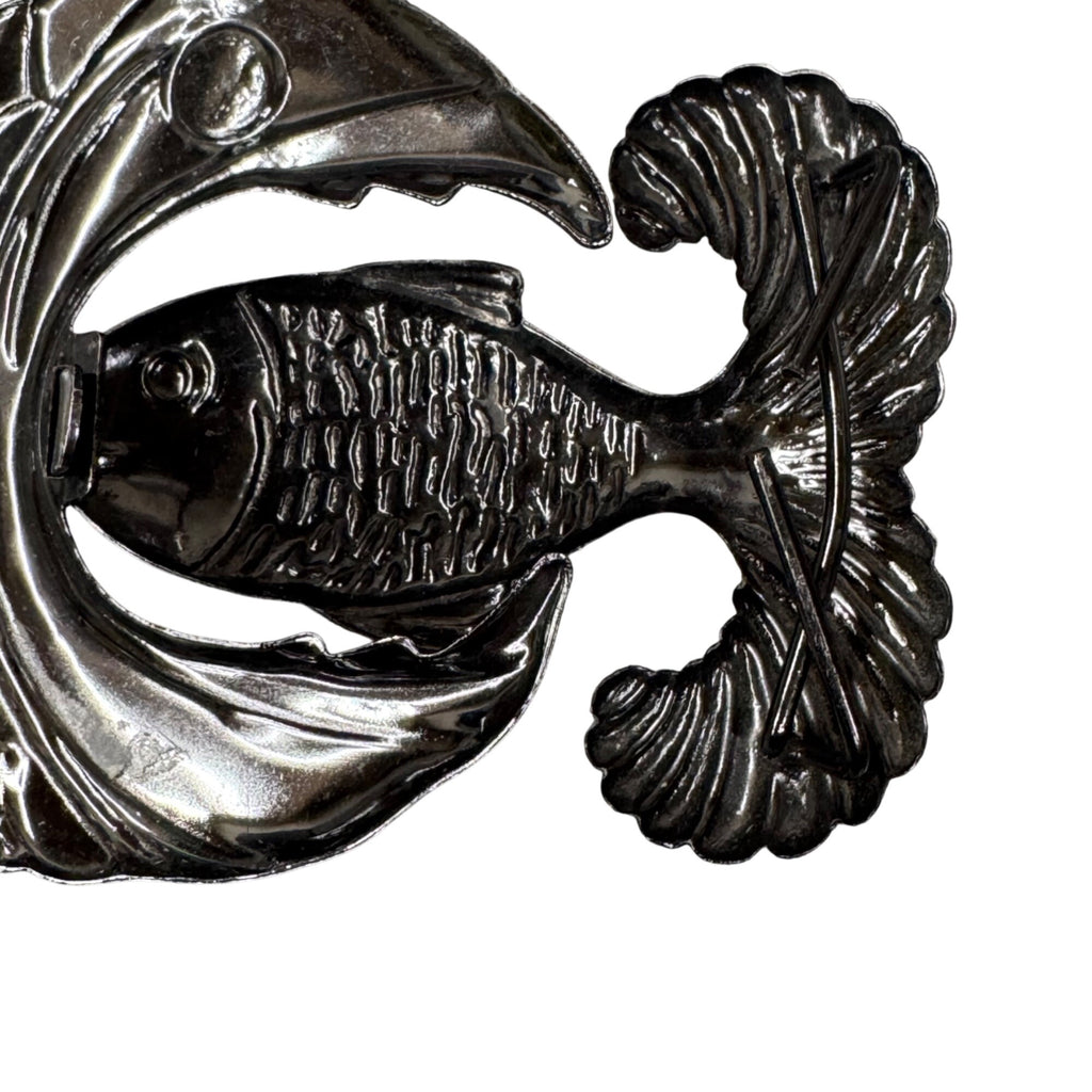 Vintage Fish Eat Fish Metal Belt Buckle 4" x 2.5" Unique Statement Kitchy Boho