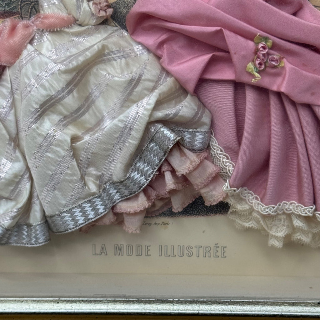 Antique La Mode Illustree Print 3D Shadow Box Pink Ruffle Fabric 12x15 Fashion