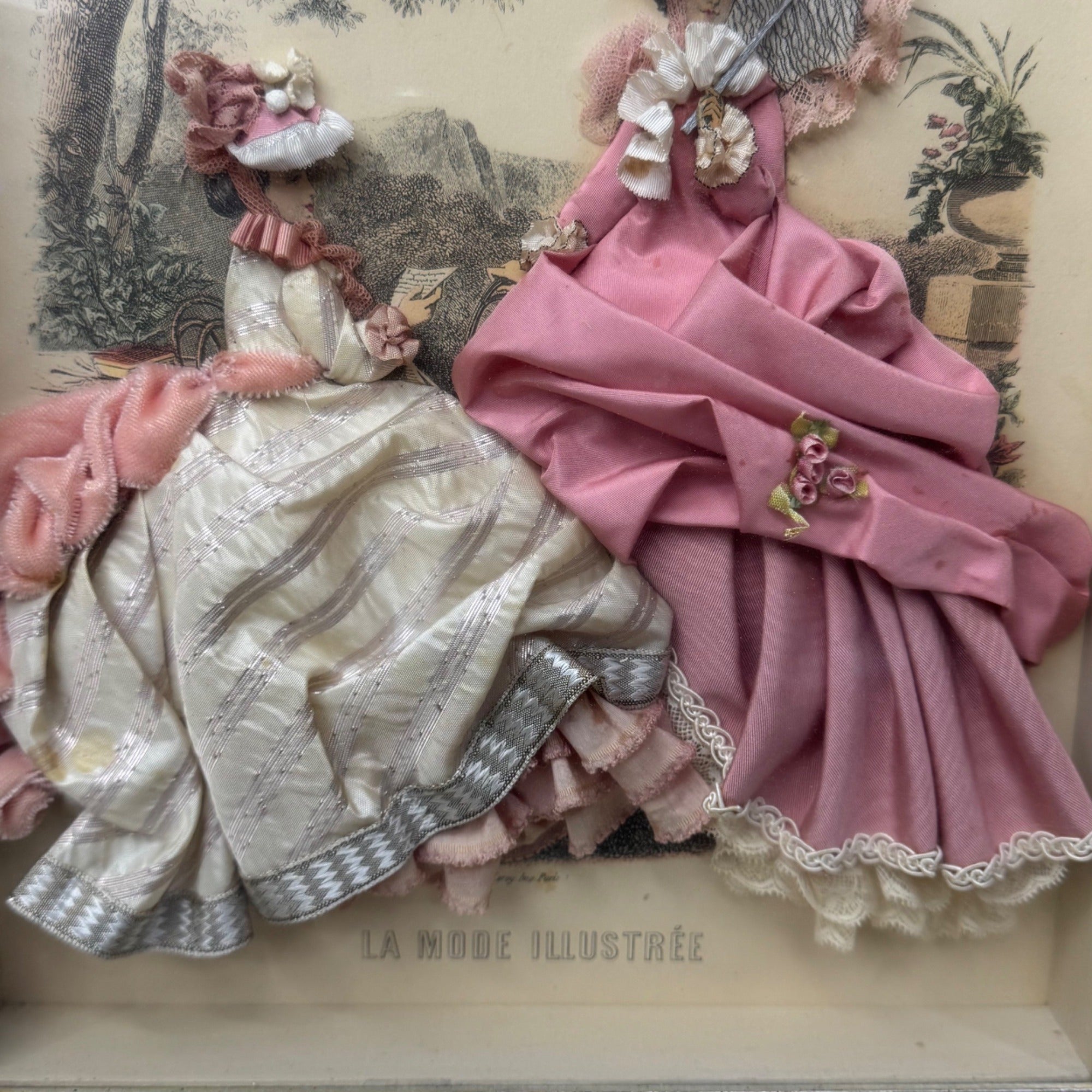 Antique La Mode Illustree Print 3D Shadow Box Pink Ruffle Fabric 12x15 Fashion
