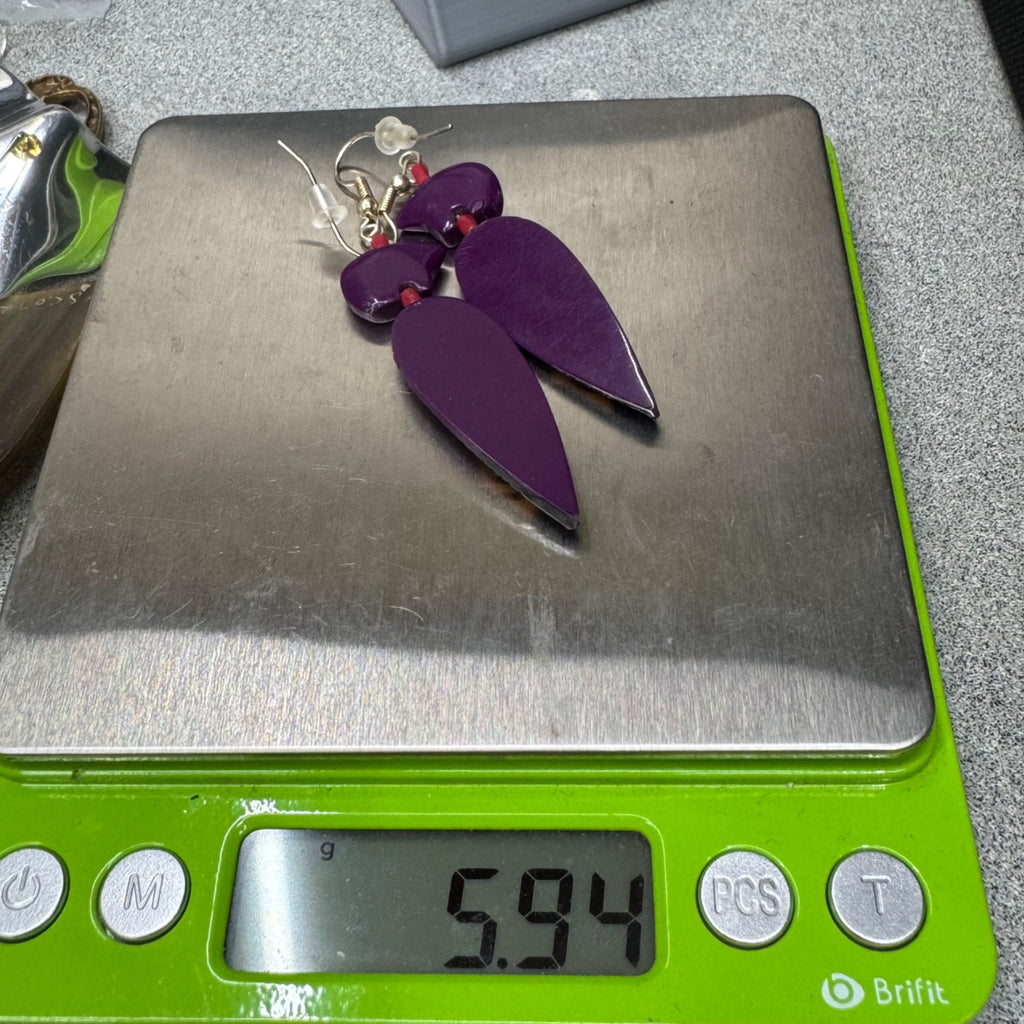 Zuni Carved Suglite Purple Hand Painted Feather Dangle Earrings Fetish Bear