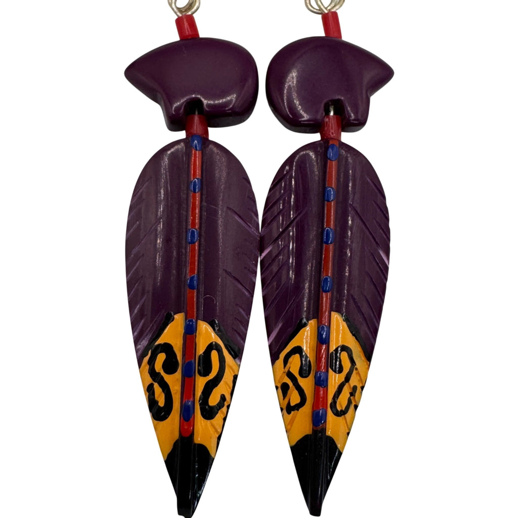 Zuni Carved Suglite Purple Hand Painted Feather Dangle Earrings Fetish Bear