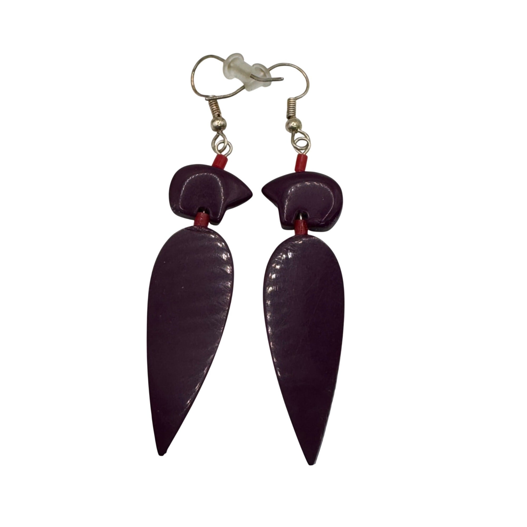 Zuni Carved Suglite Purple Hand Painted Feather Dangle Earrings Fetish Bear