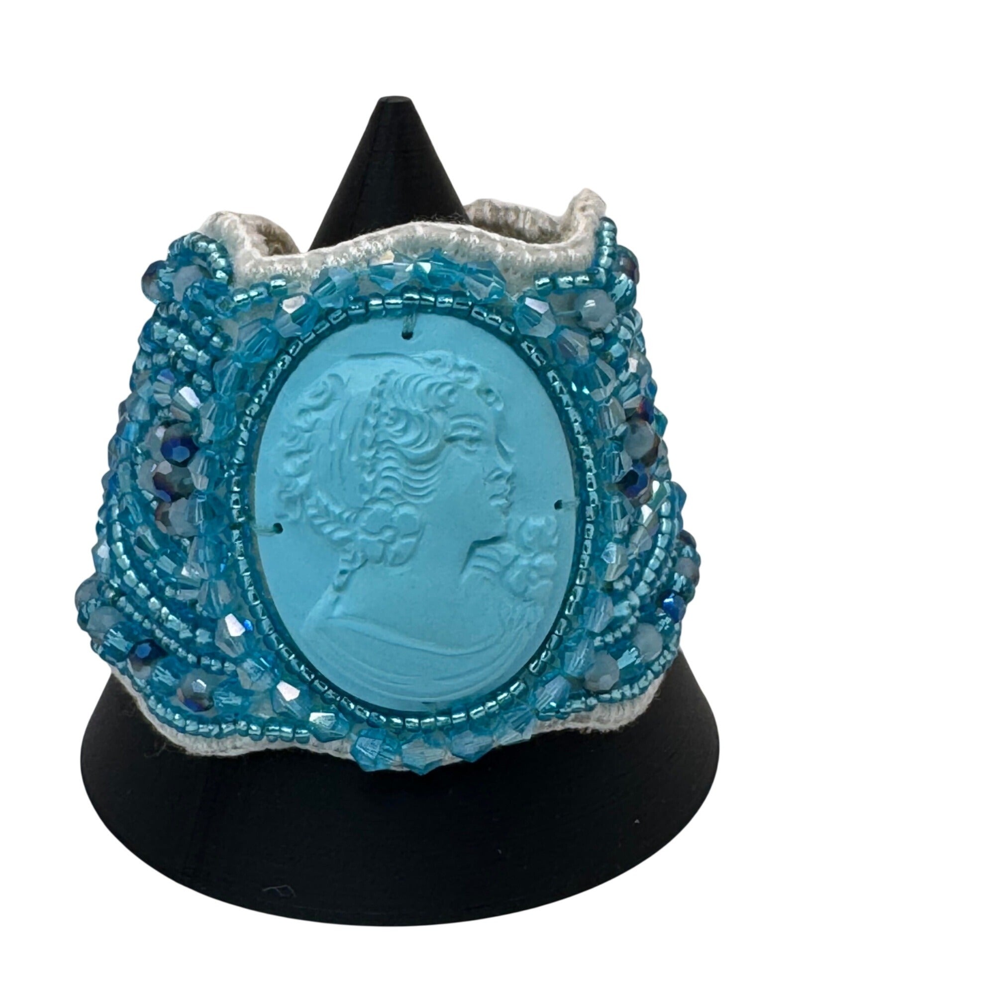 Amedeo Cameo Beaded Bracelet NYC Blue Cuff Woven Art Deco Victorian Style NEW