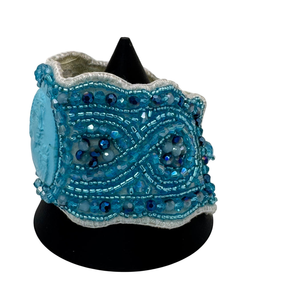 Amedeo Cameo Beaded Bracelet NYC Blue Cuff Woven Art Deco Victorian Style NEW