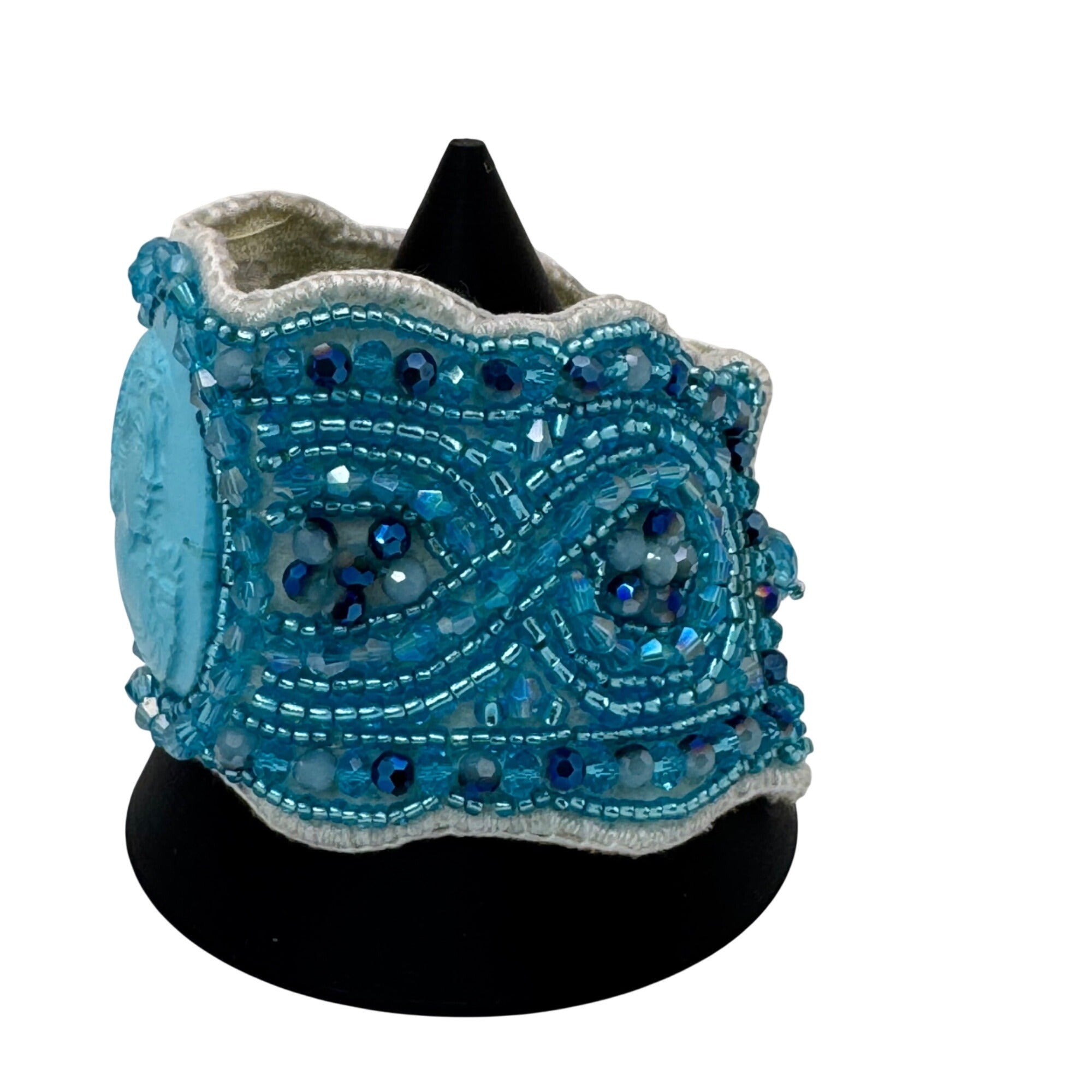 Amedeo Cameo Beaded Bracelet NYC Blue Cuff Woven Art Deco Victorian Style NEW