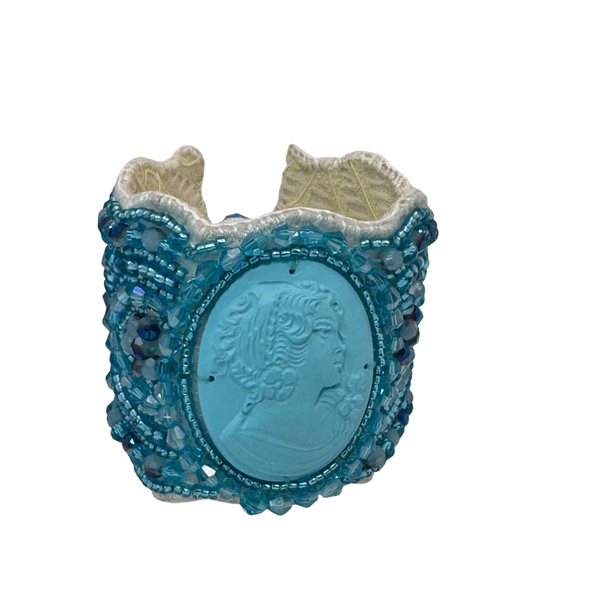 Amedeo Cameo Beaded Bracelet NYC Blue Cuff Woven Art Deco Victorian Style NEW