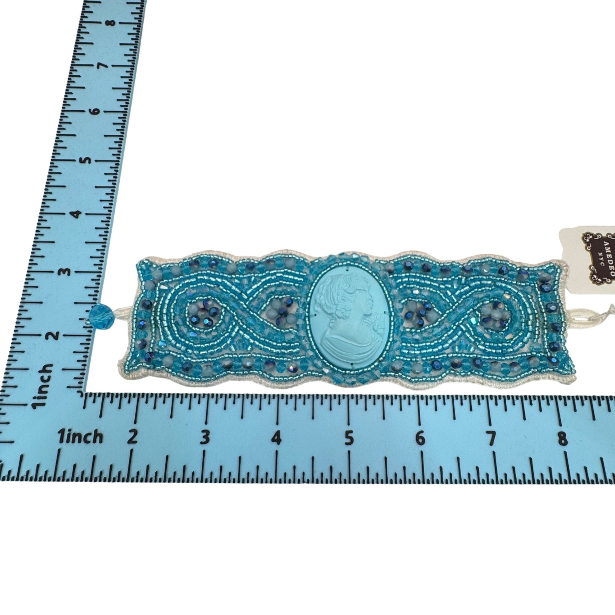 Amedeo Cameo Beaded Bracelet NYC Blue Cuff Woven Art Deco Victorian Style NEW